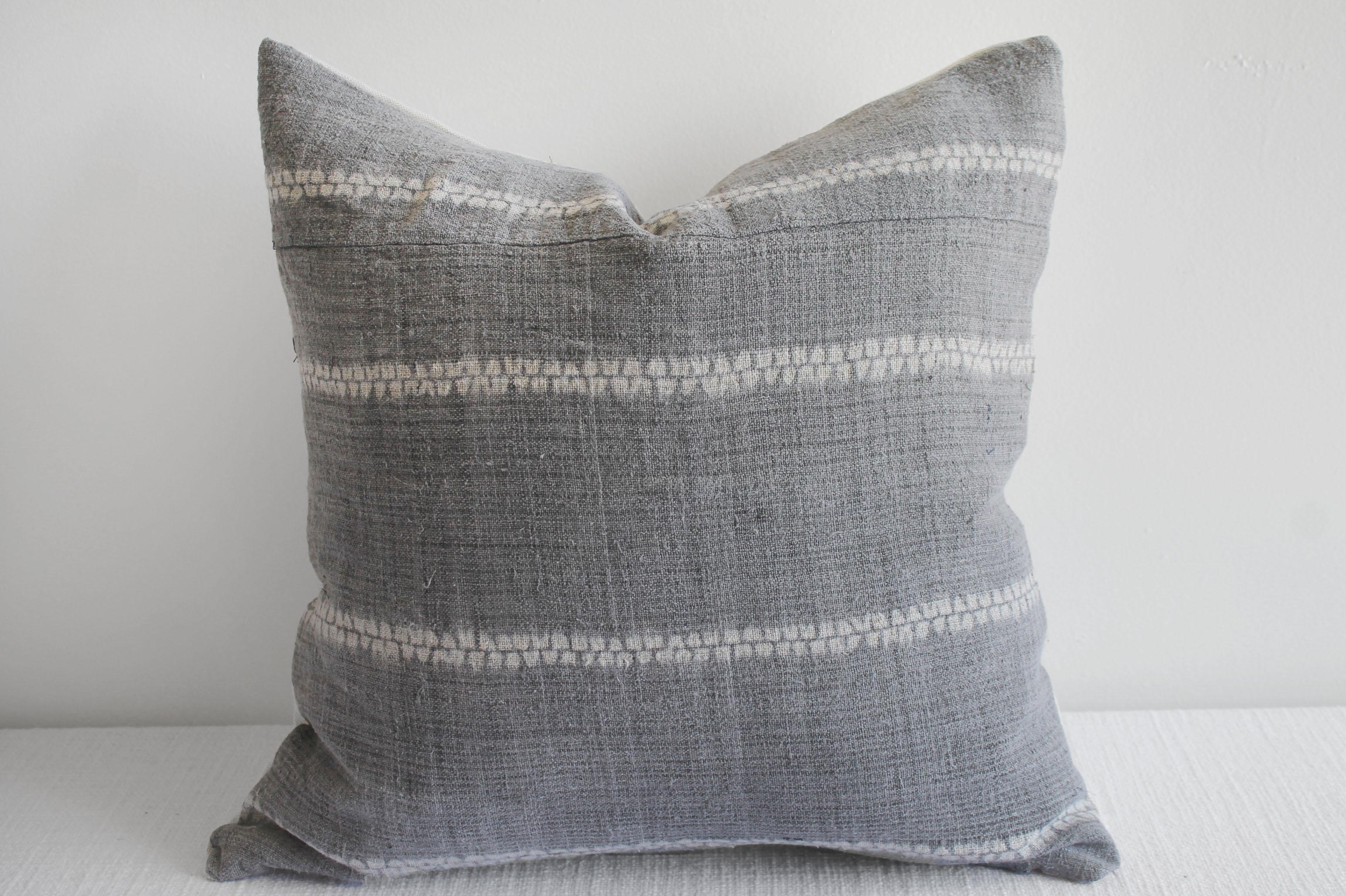 Vintage woven linen pillow in gray and creamy white, the backing is 100% Irish linen in natural linen. Our pillows are constructed with vintage one of a kind textiles from around the globe. Carefully constructed with the finest linens, with hidden