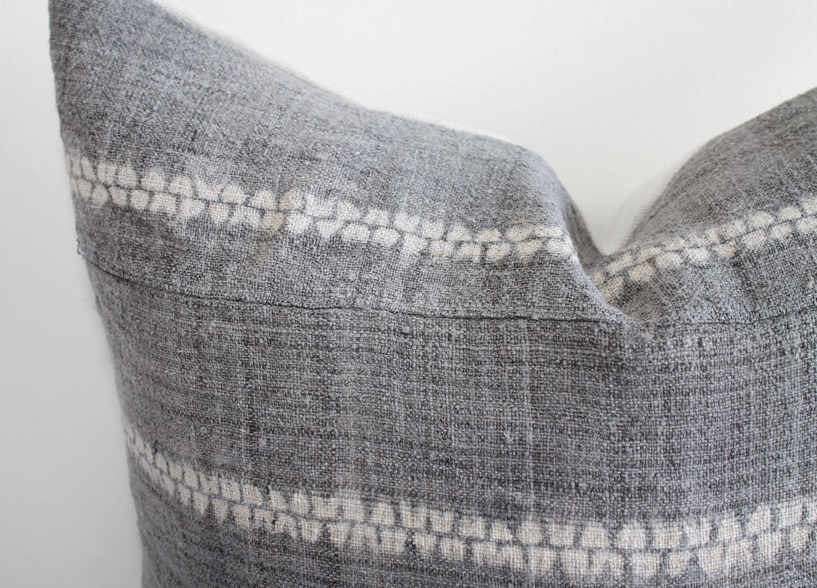 Contemporary Vintage Woven Gray Linen Pillow with Off-White Pattern