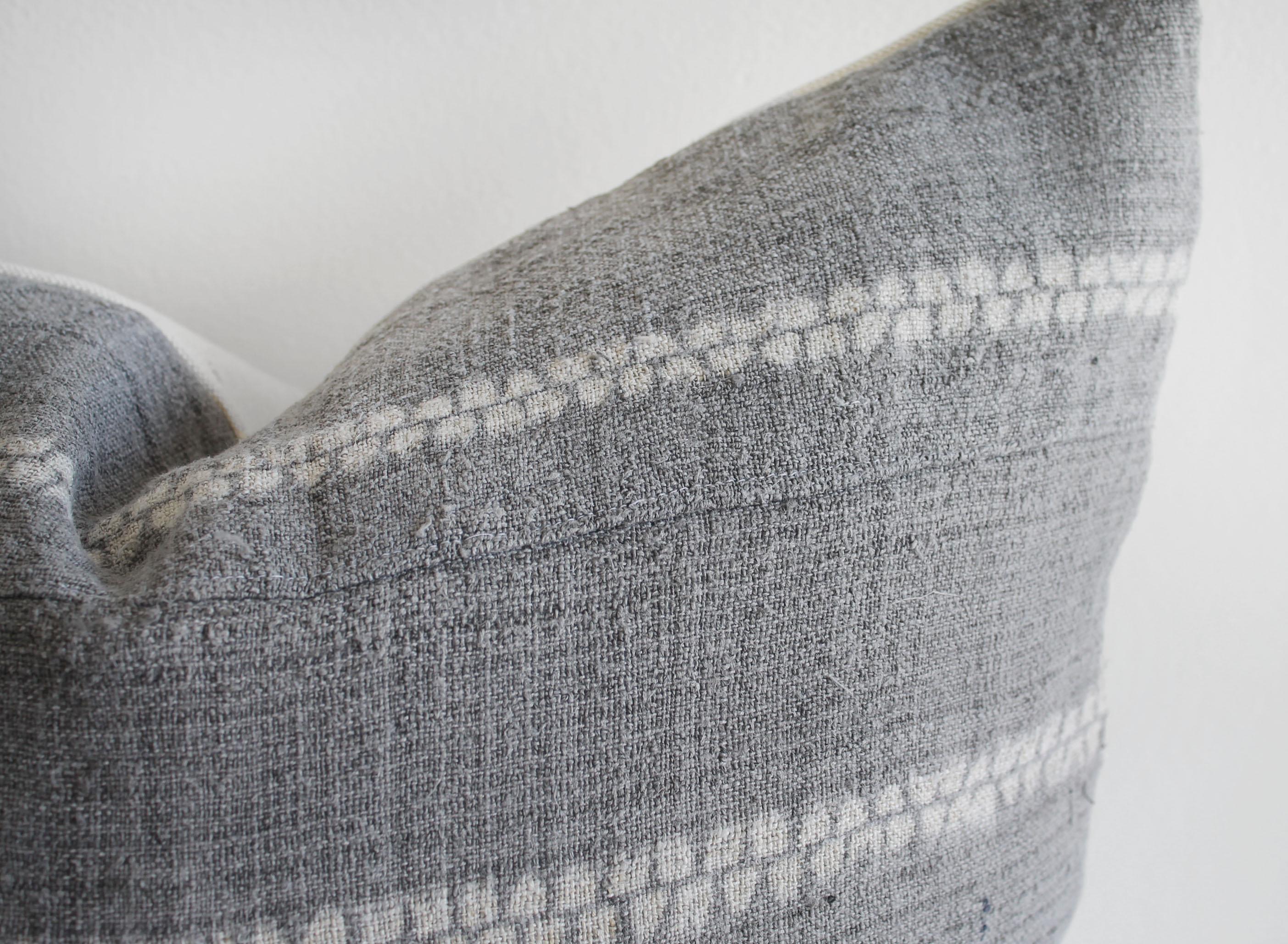 Vintage Woven Gray Linen Pillow with Off-White Pattern 1