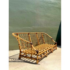 Vintage Woven Grid Rattan High Back Sofa