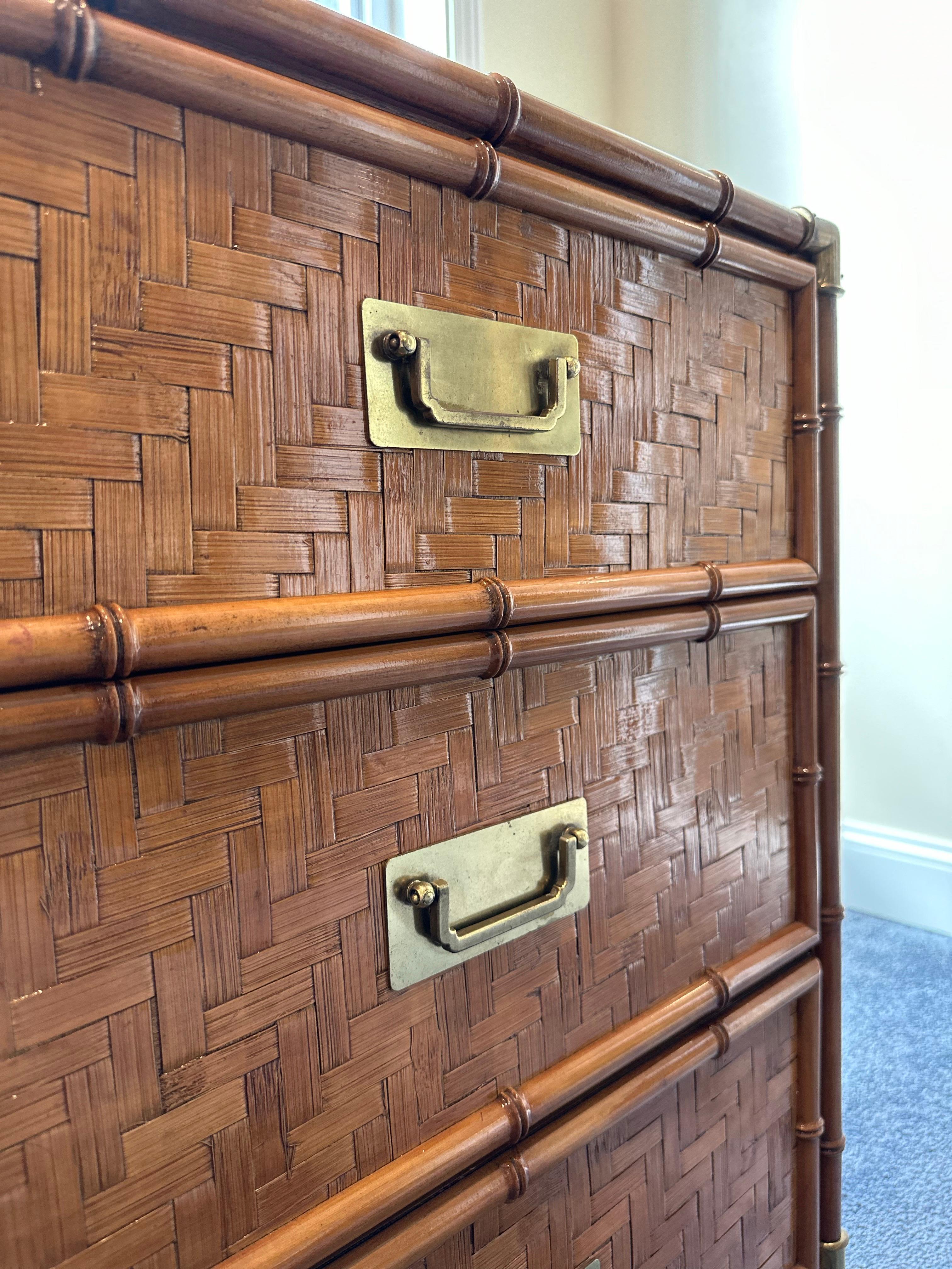 Vintage Woven Herringbone Faux Bamboo Rattan and Brass Dresser For Sale 4