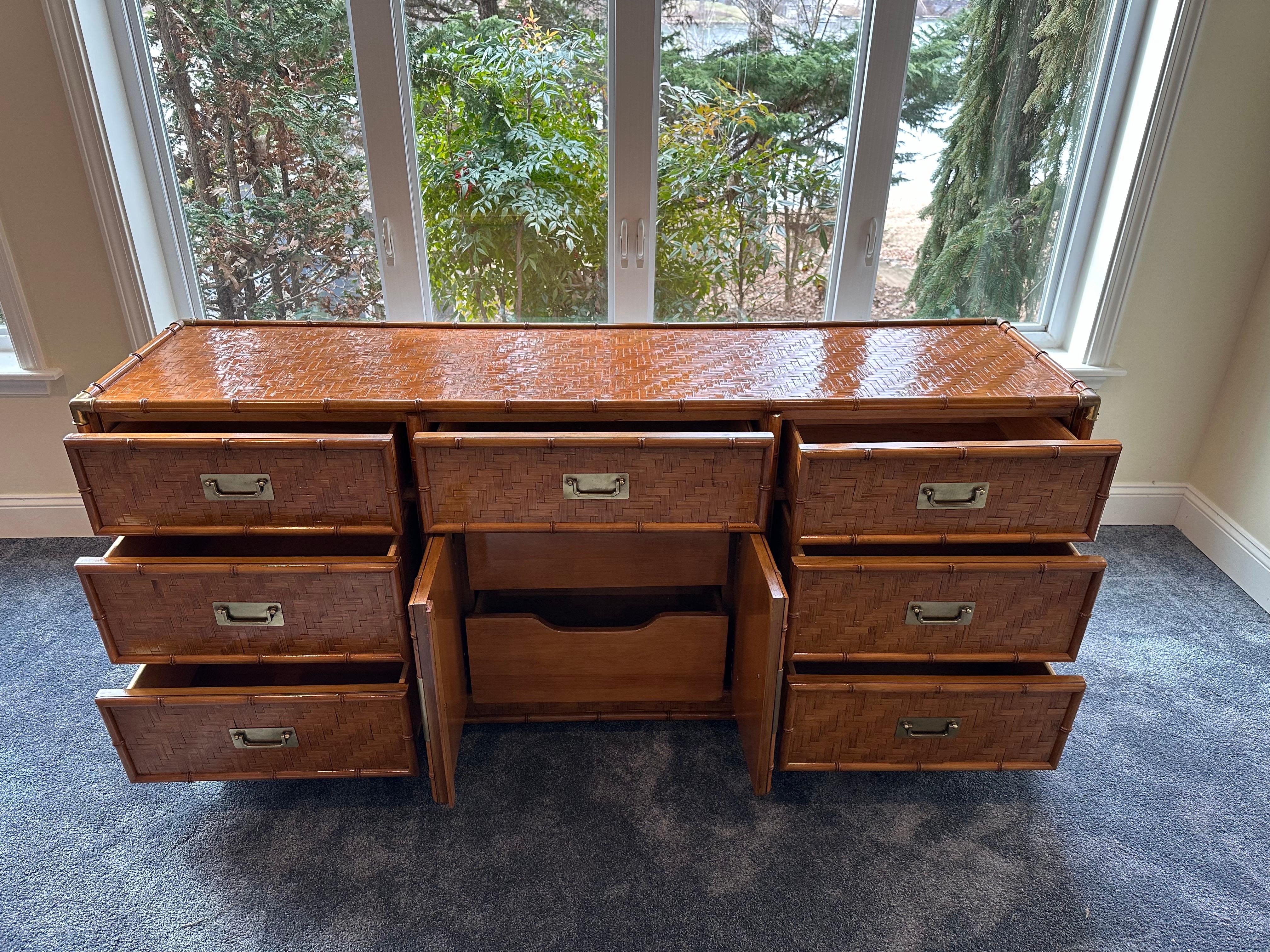 Vintage Woven Herringbone Faux Bamboo Rattan and Brass Dresser For Sale 5