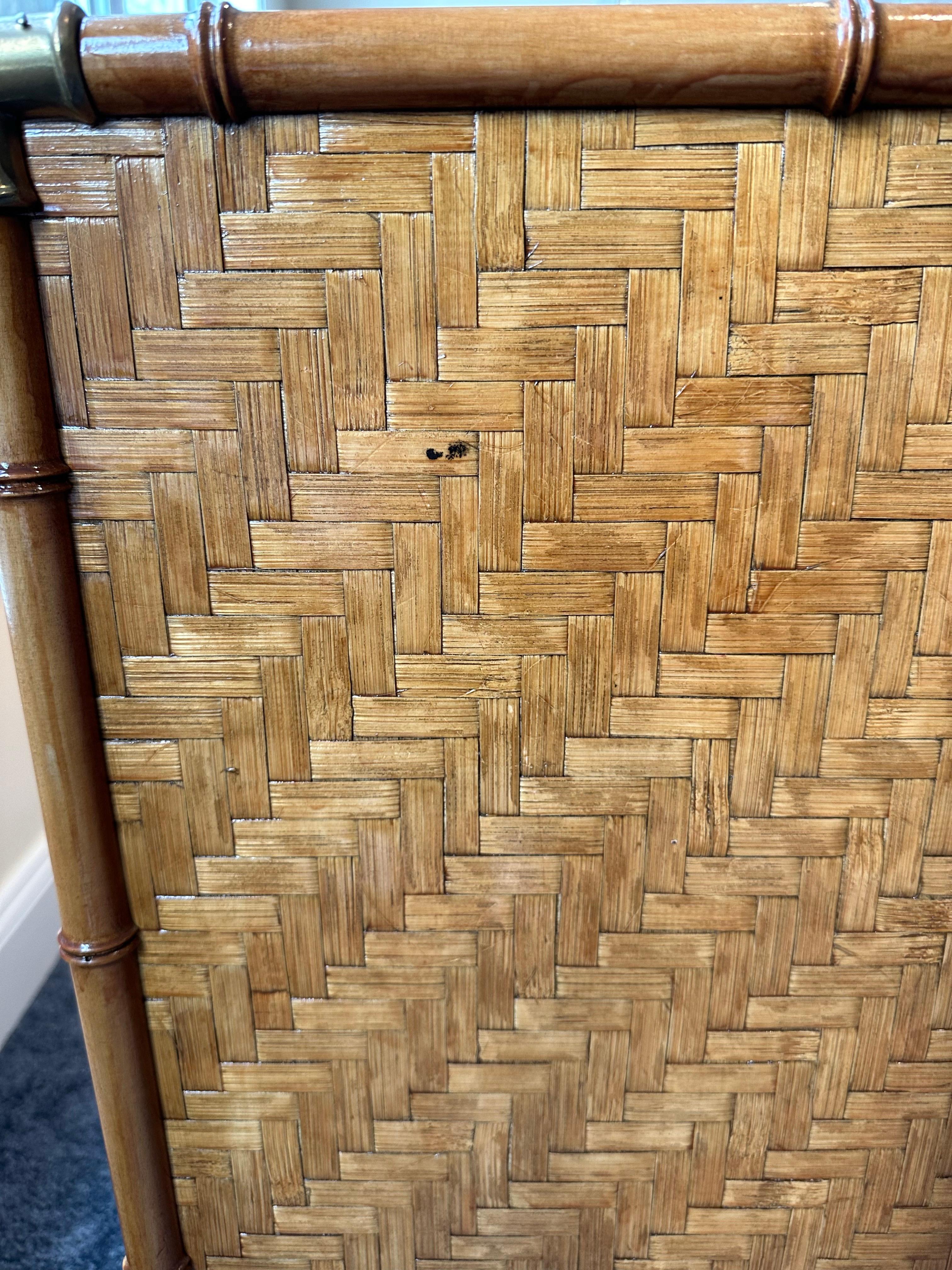 Vintage Woven Herringbone Faux Bamboo Rattan and Brass Dresser For Sale 6