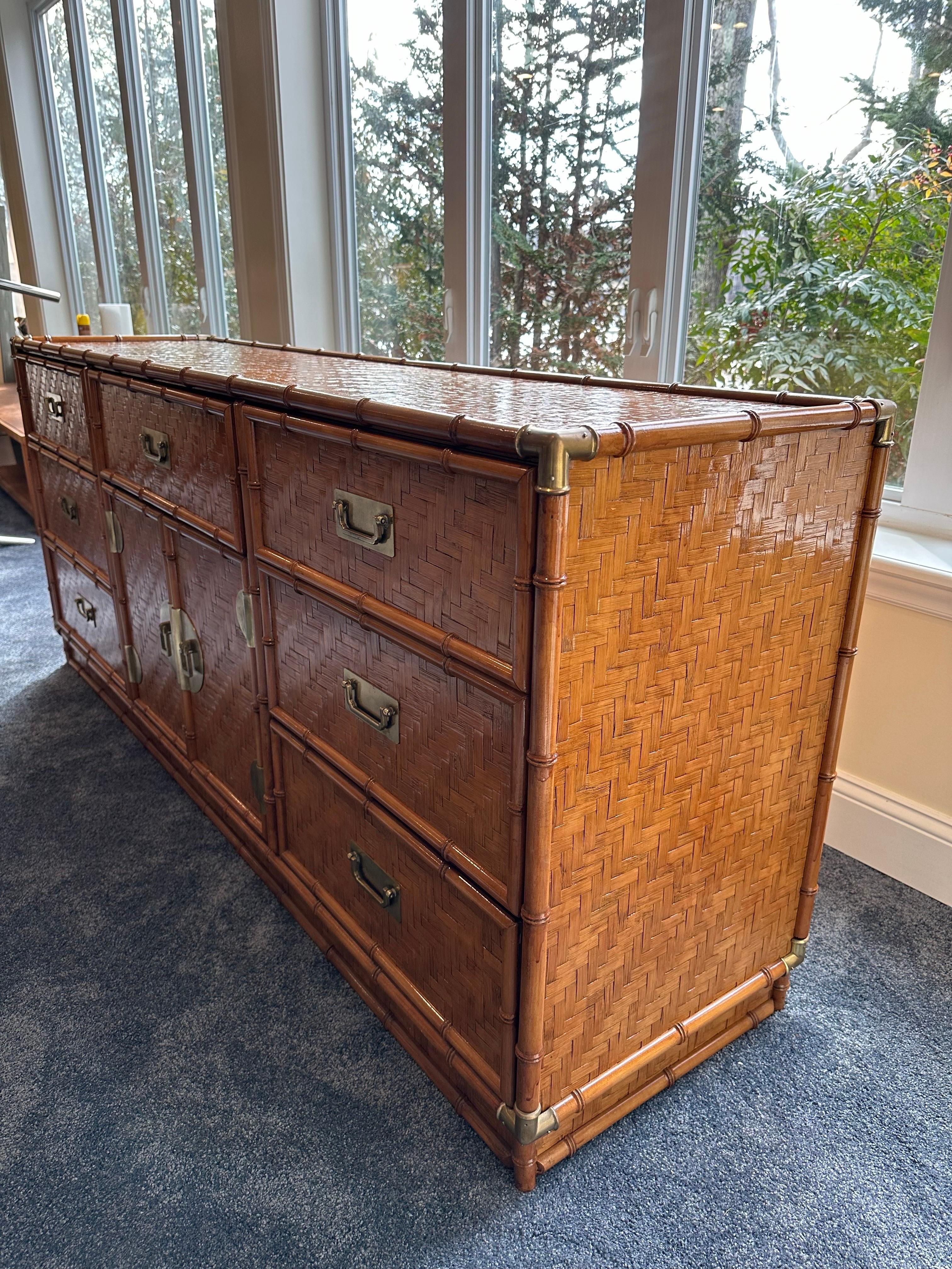 Vintage Woven Herringbone Faux Bamboo Rattan and Brass Dresser For Sale 8