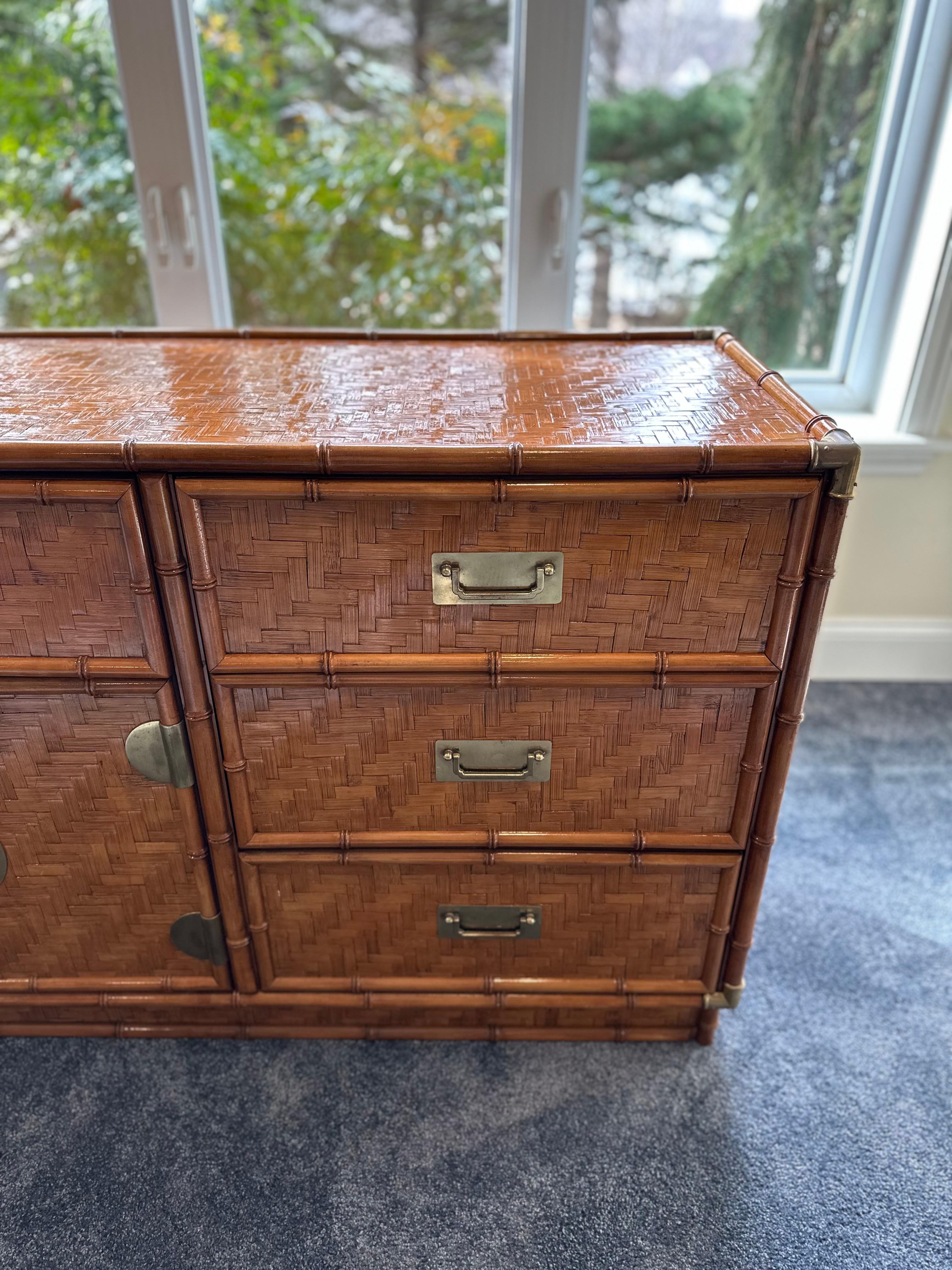 Modern Vintage Woven Herringbone Faux Bamboo Rattan and Brass Dresser For Sale