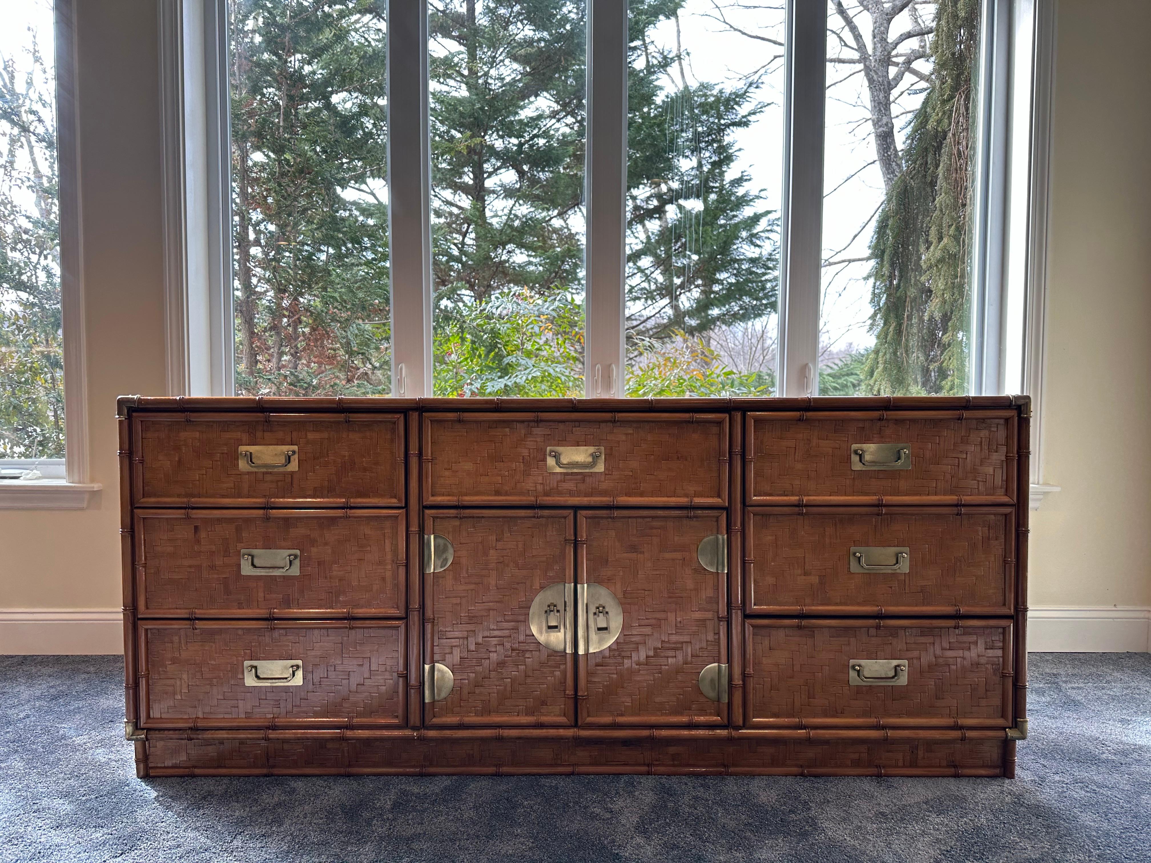 Vintage Woven Herringbone Faux Bamboo Rattan and Brass Dresser In Good Condition For Sale In Roanoke, VA