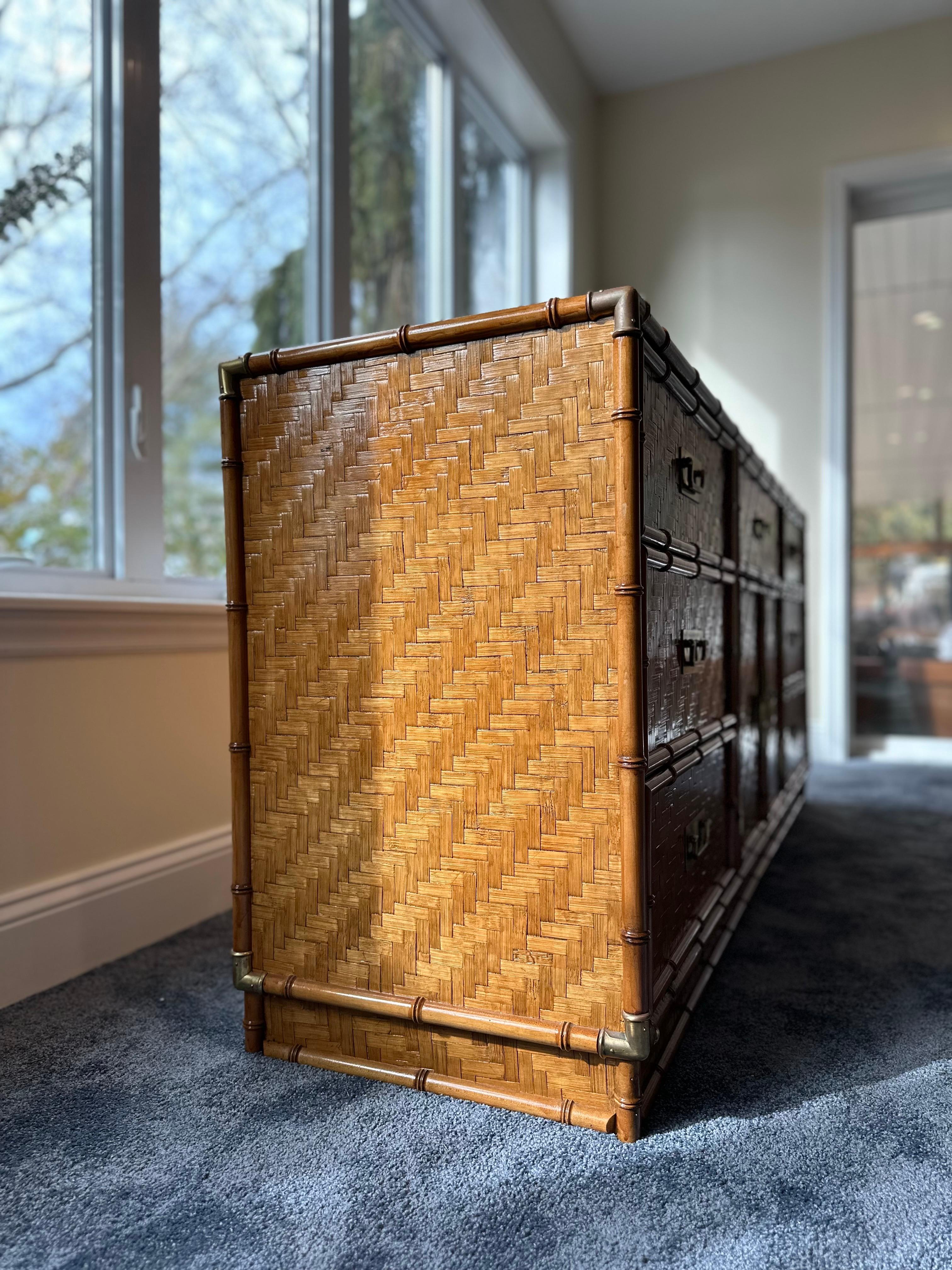 20th Century Vintage Woven Herringbone Faux Bamboo Rattan and Brass Dresser For Sale