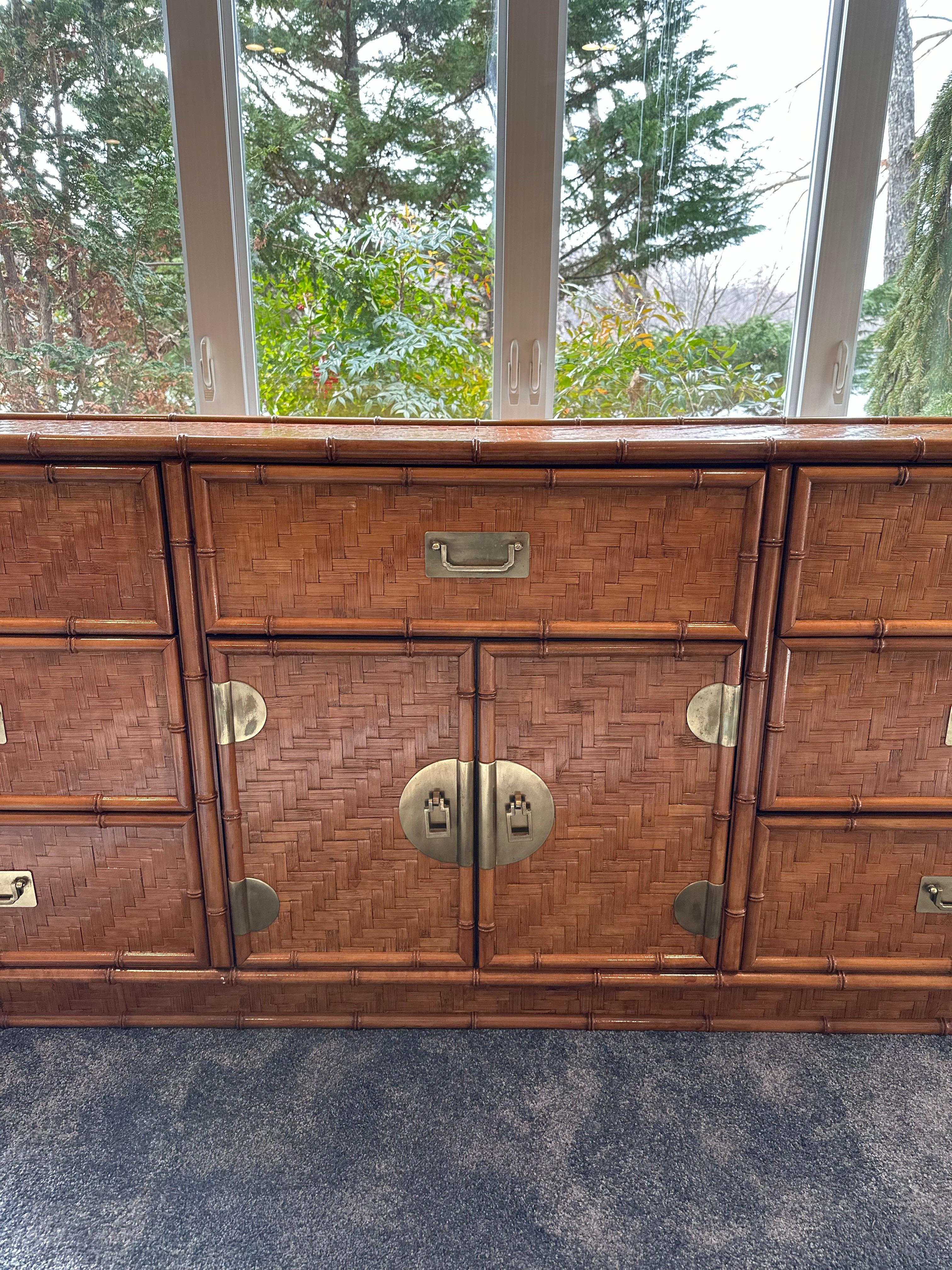 Vintage Woven Herringbone Faux Bamboo Rattan and Brass Dresser For Sale 1