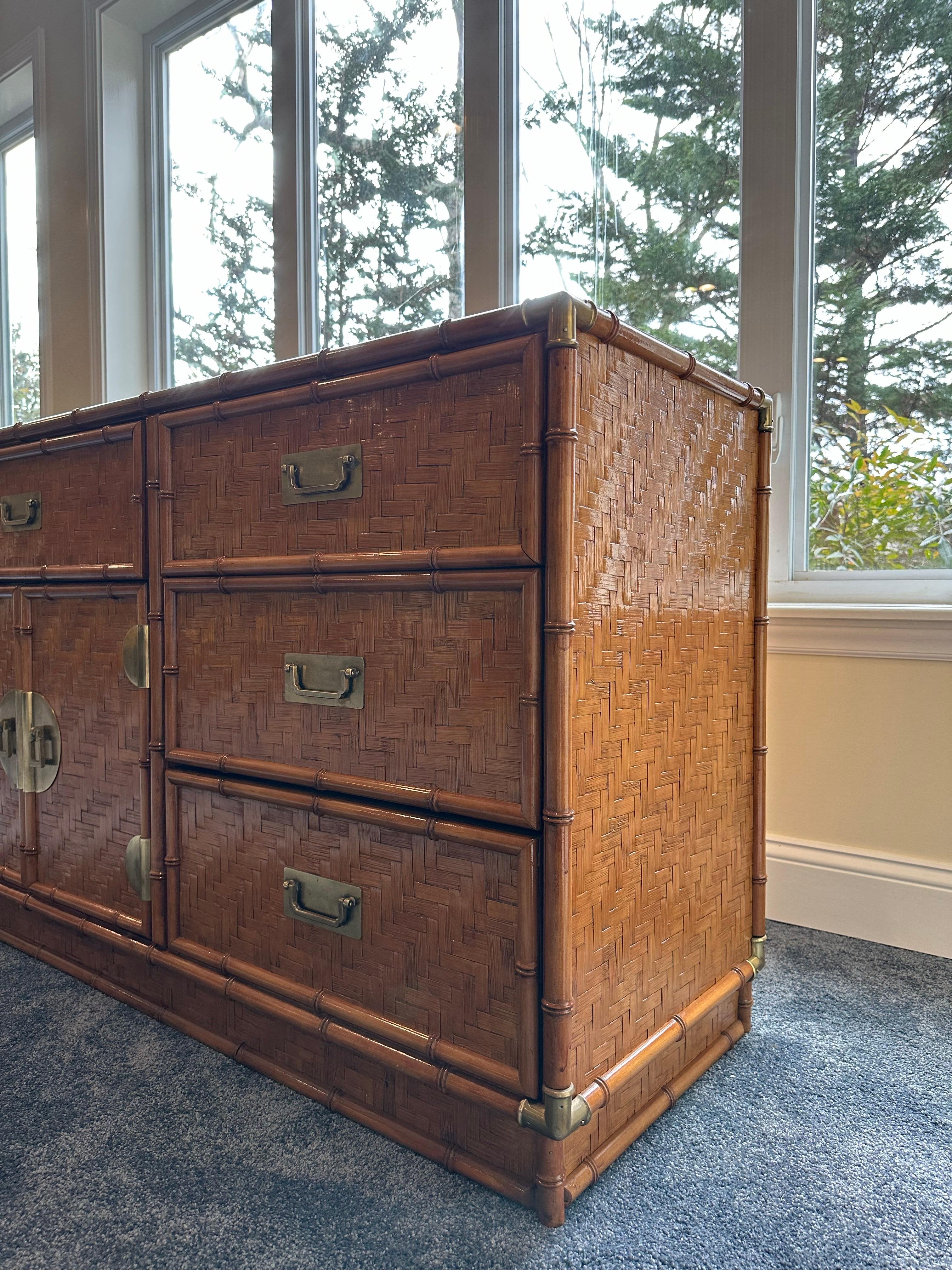 Vintage Woven Herringbone Faux Bamboo Rattan and Brass Dresser For Sale 3