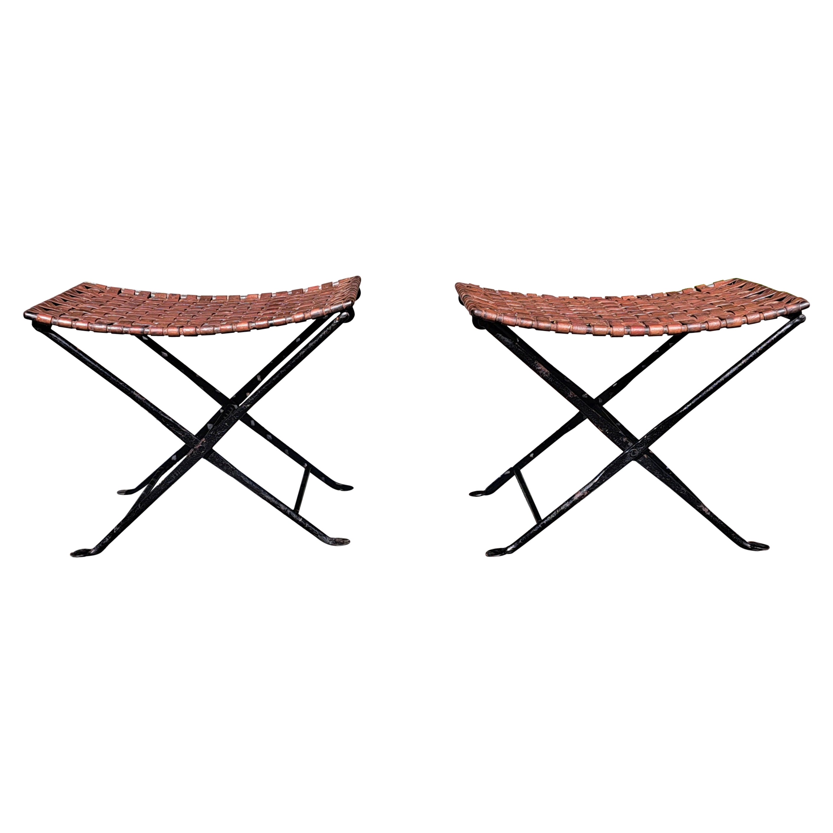 Vintage Woven Leather Iron Folding Stool a Pair