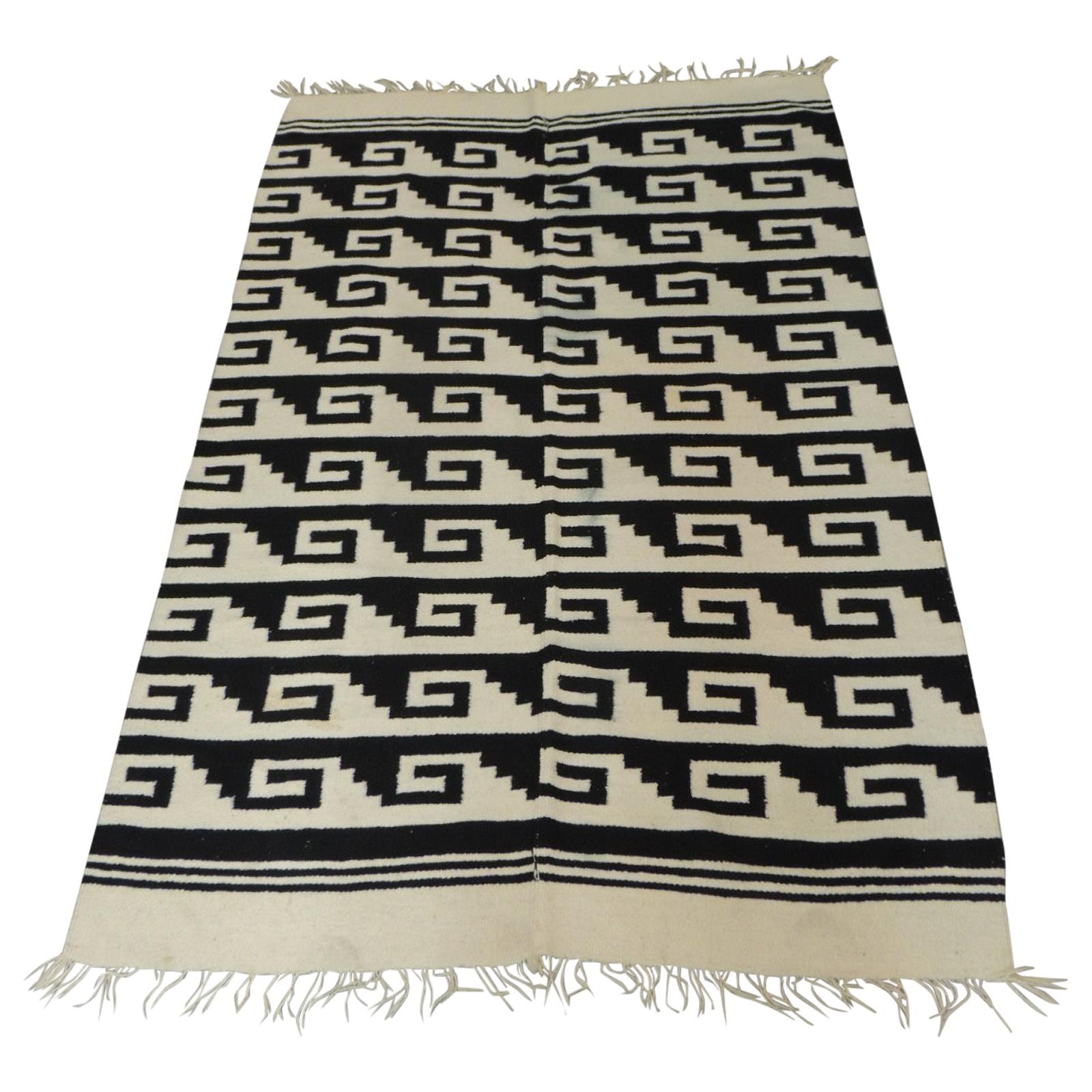 Vintage Woven Natural and Black Peruvian Flat-Weave Rug or Throw
