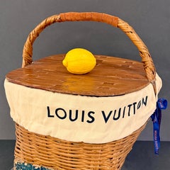 Vintage Woven Picnic Basket Upholstered in Louis Vuitton Fabric