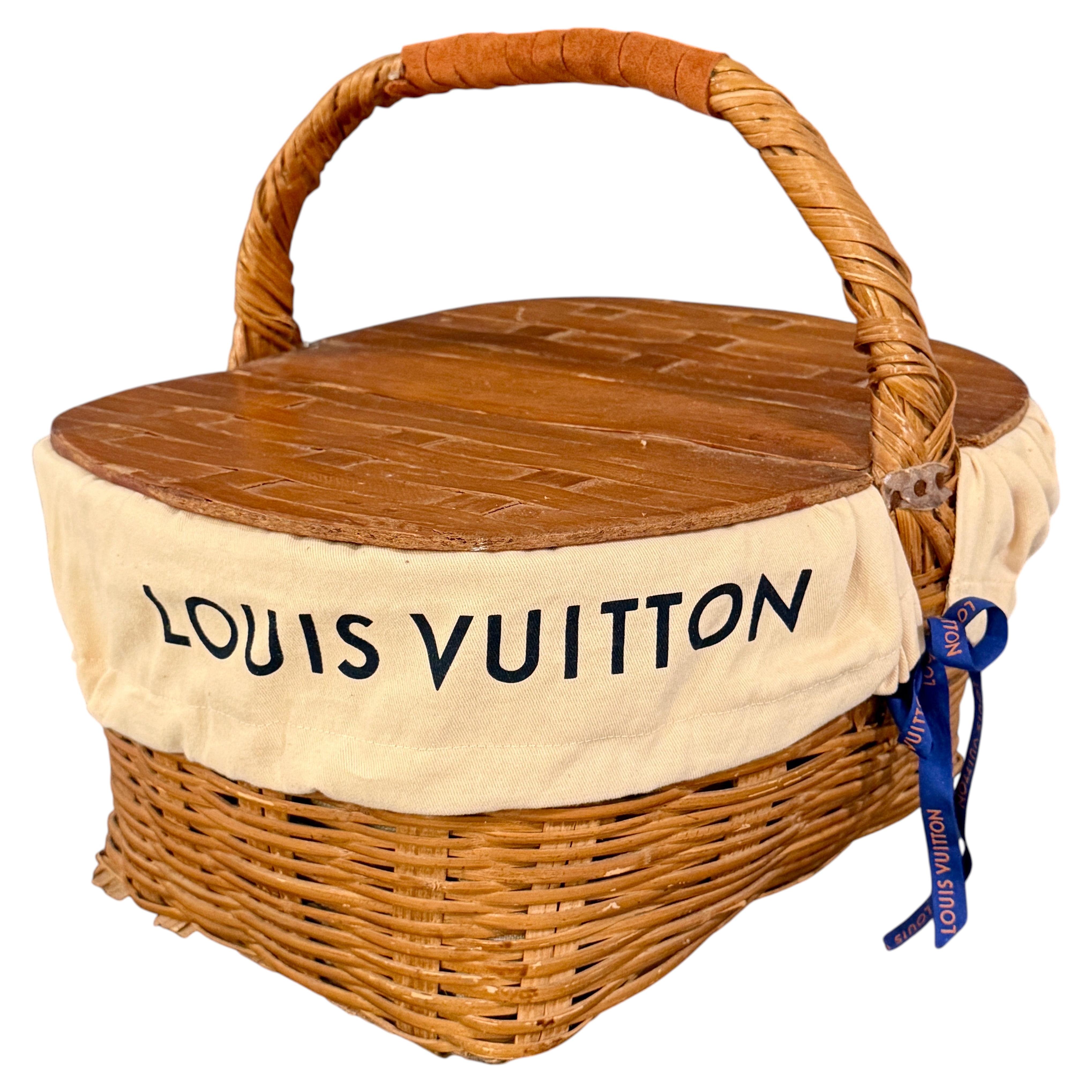 Vintage Woven Picnic Basket Upholstered in Louis Vuitton Fabric