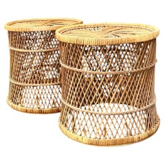 Vintage Woven Rattan Accent Tables - Set of 2
