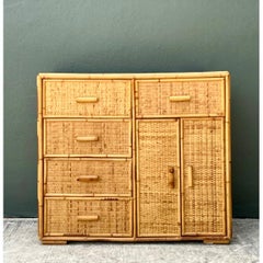 Buffet vintage en rotin tressé et bois