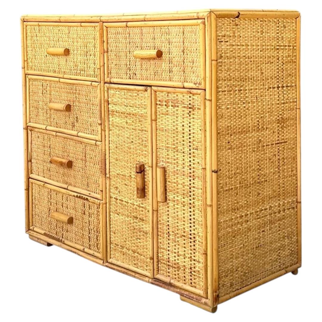 Vintage Woven Rattan and Wood Sideboard