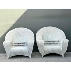 Vintage Woven Rattan Bar Harbour Lounge Chairs - A Pair