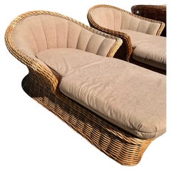 Vintage Woven Rattan Boho Coastal Chaise Lounge Manner of Bielecky Brothers