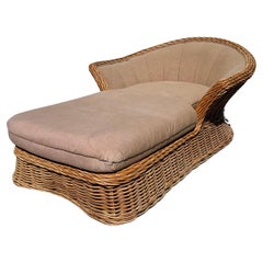 Vintage Woven Rattan Boho Coastal Chaise Lounge Manner of Bielecky Brothers