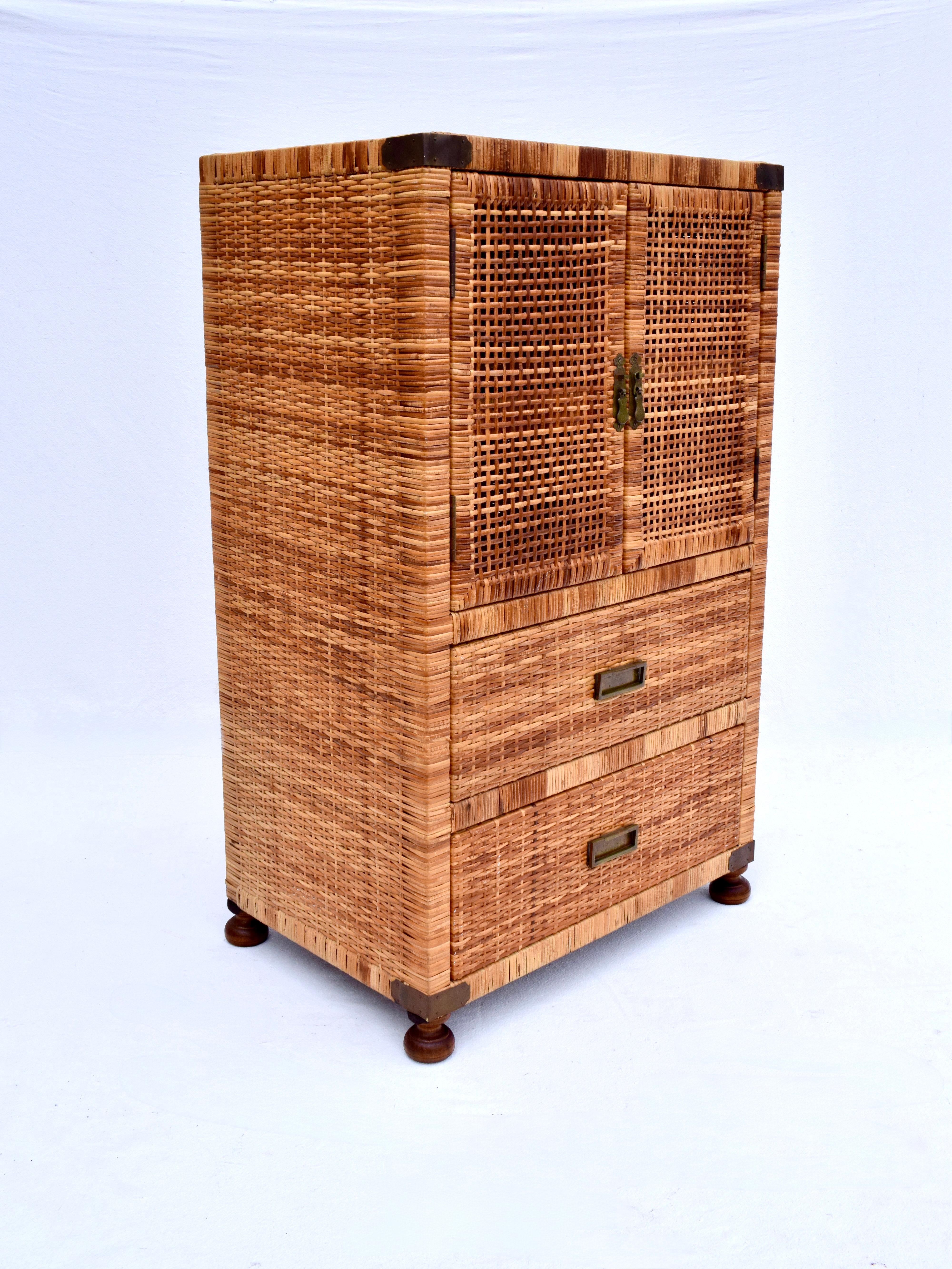 Mid-Century Modern Vintage Woven Rattan Campaign Style Cabinet For Sale