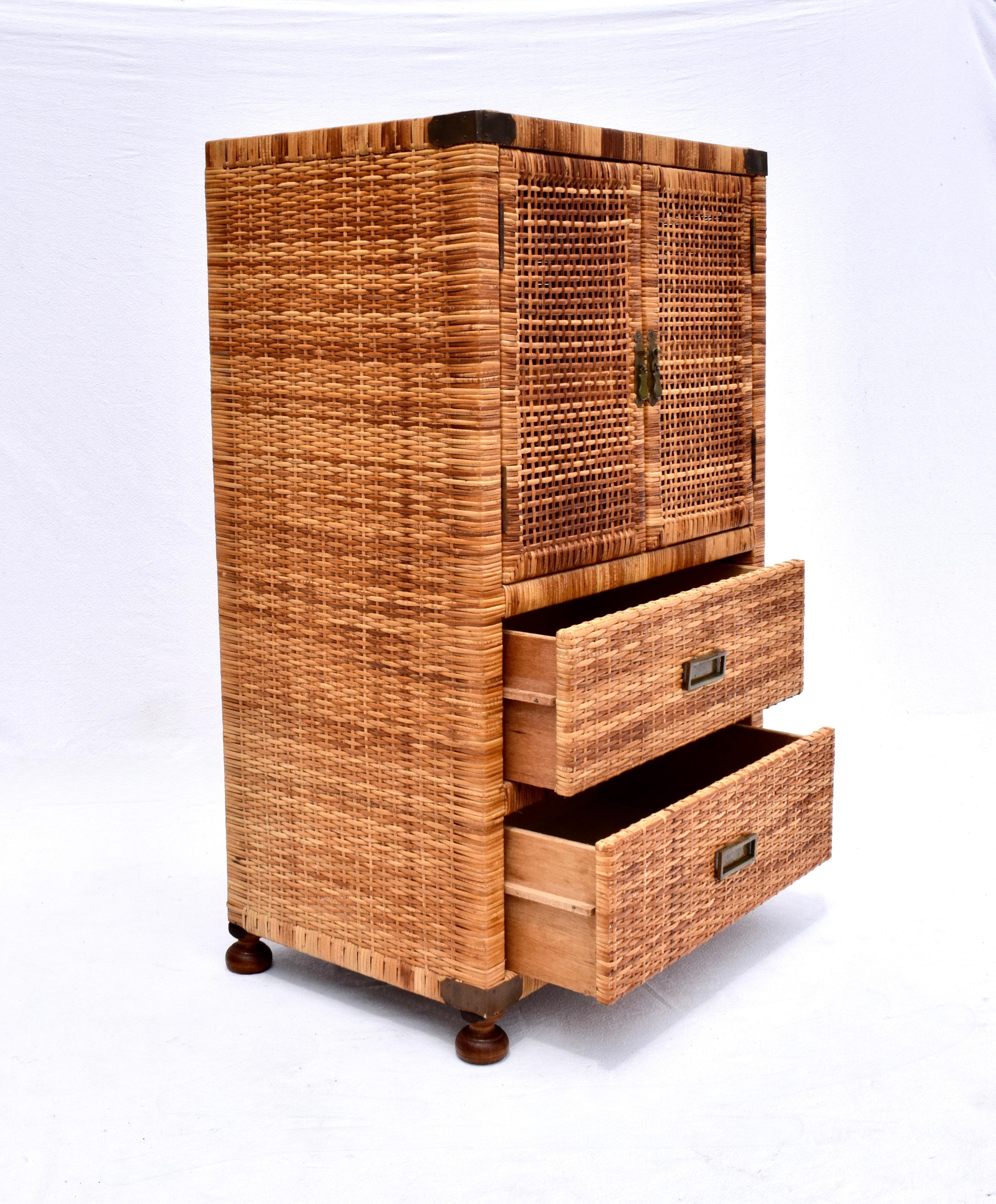 American Vintage Woven Rattan Campaign Style Cabinet For Sale