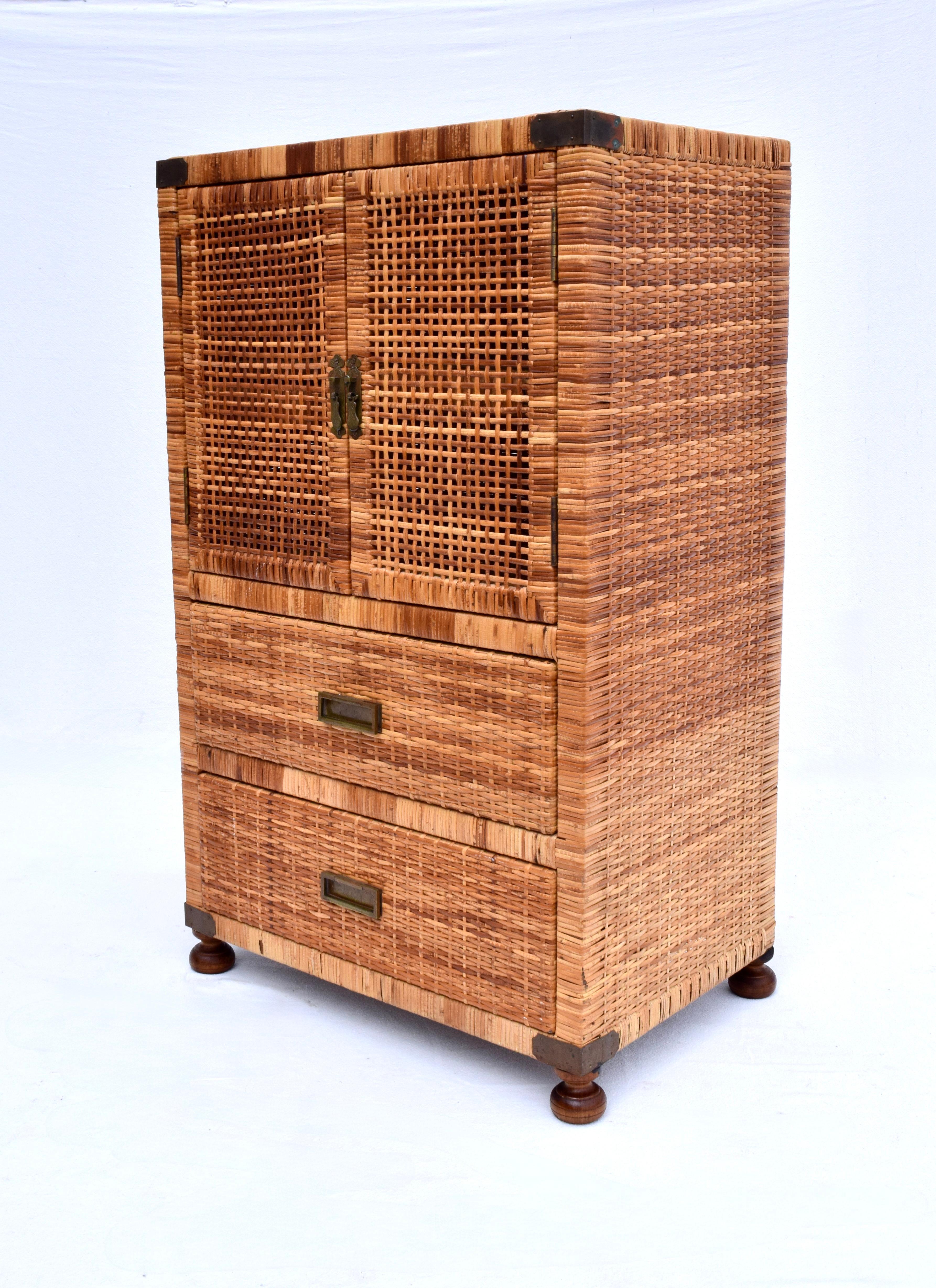 Vintage Woven Rattan Campaign Style Cabinet In Good Condition For Sale In Southampton, NJ