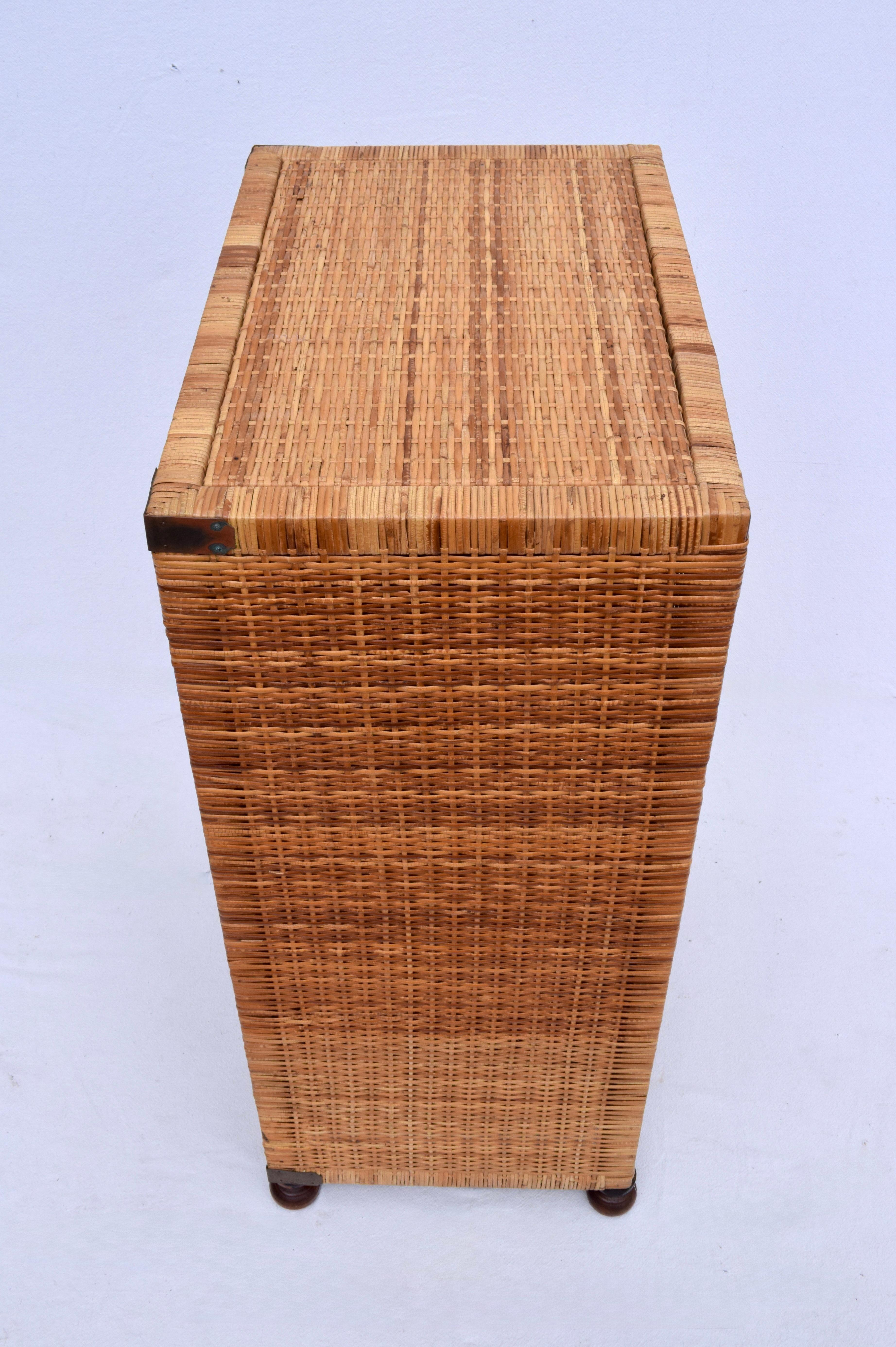 Brass Vintage Woven Rattan Campaign Style Cabinet For Sale