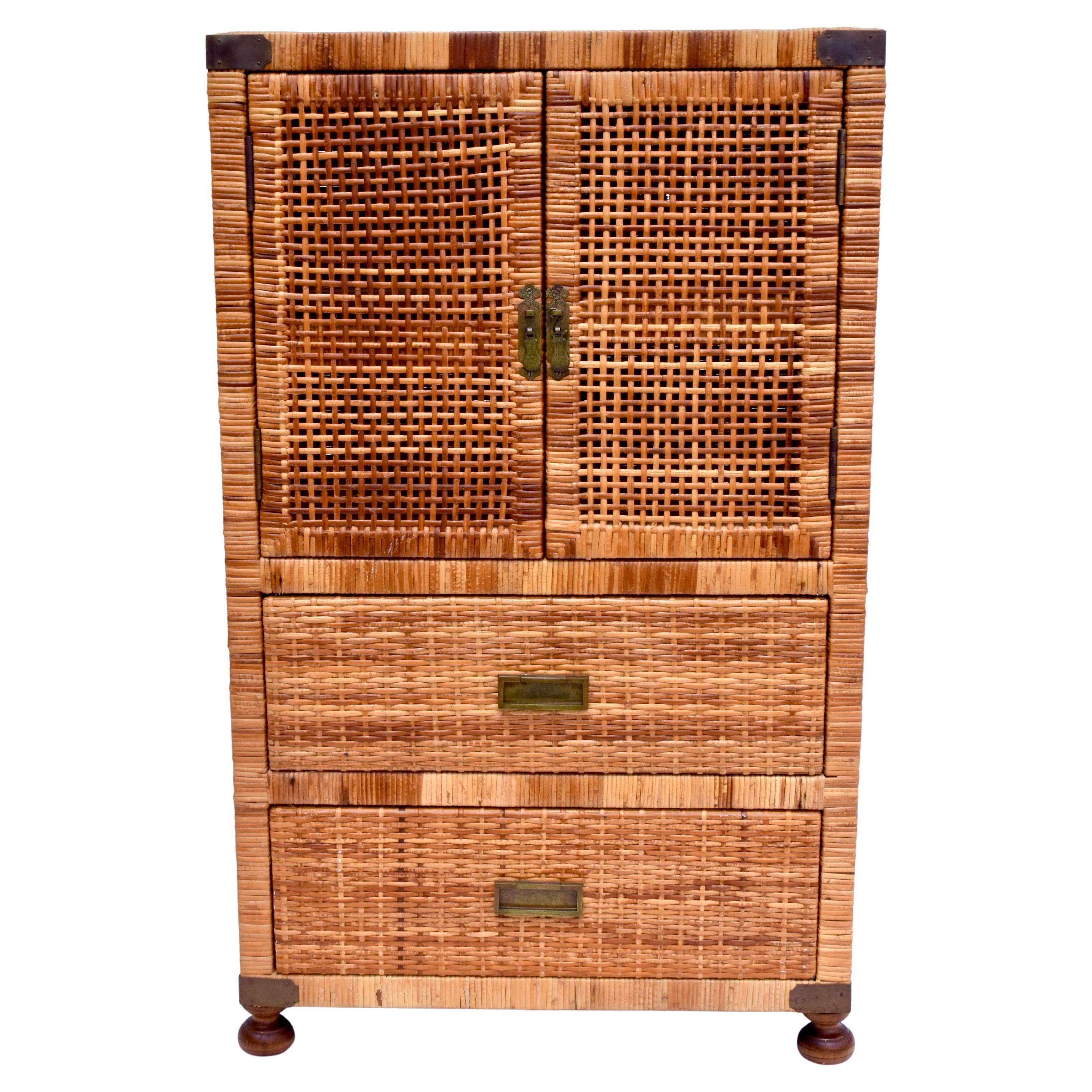 Vintage Woven Rattan Campaign Style Cabinet For Sale