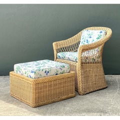 Vintage Woven Rattan Chair And Ottoman In Schumacher “Garden Gate”