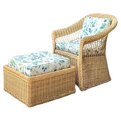 Vintage Woven Rattan Chair And Ottoman In Schumacher “Garden Gate”