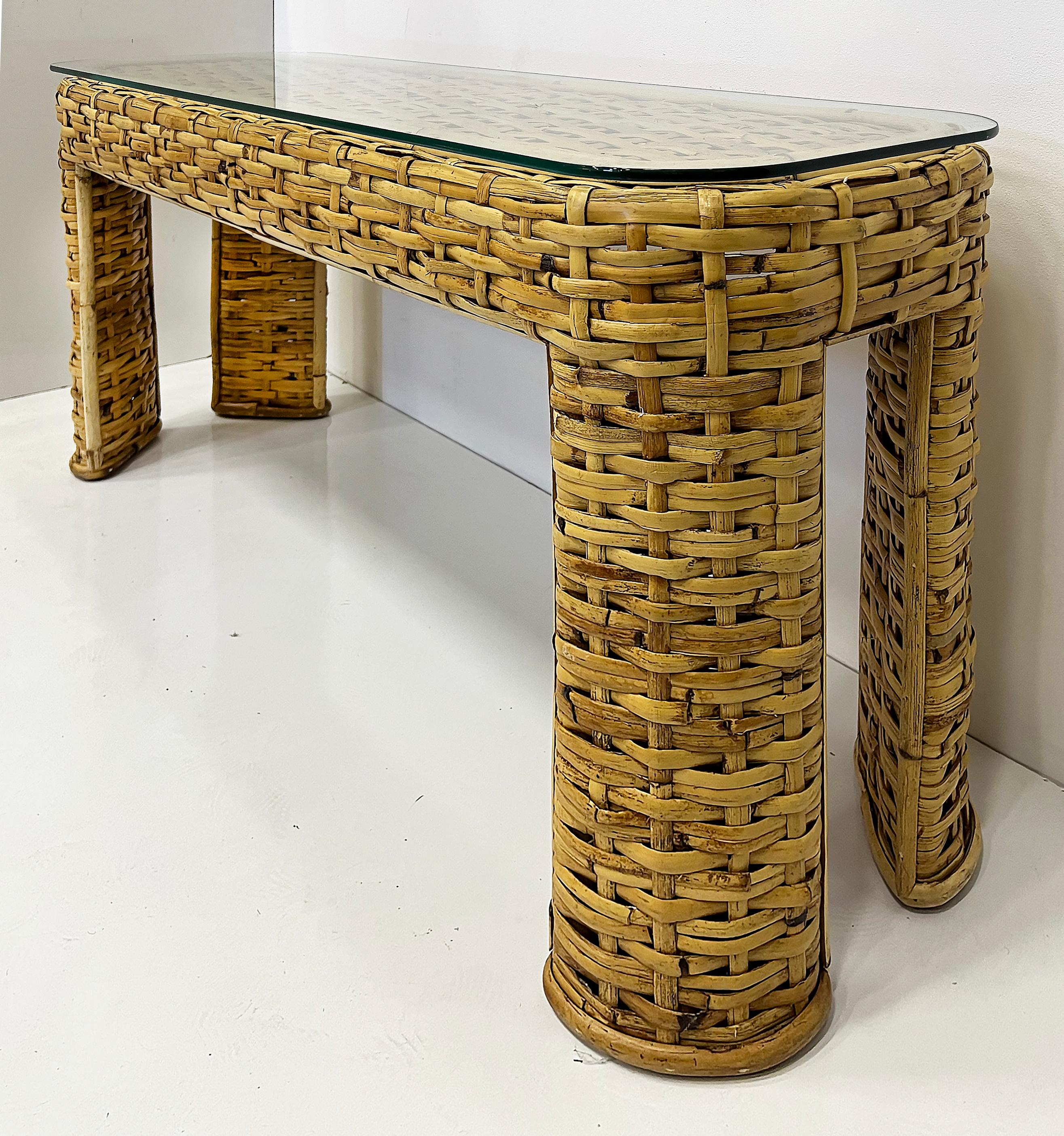 Hand-Woven Vintage Woven Rattan Console Table, Glass Top, Ralph Lauren Style For Sale