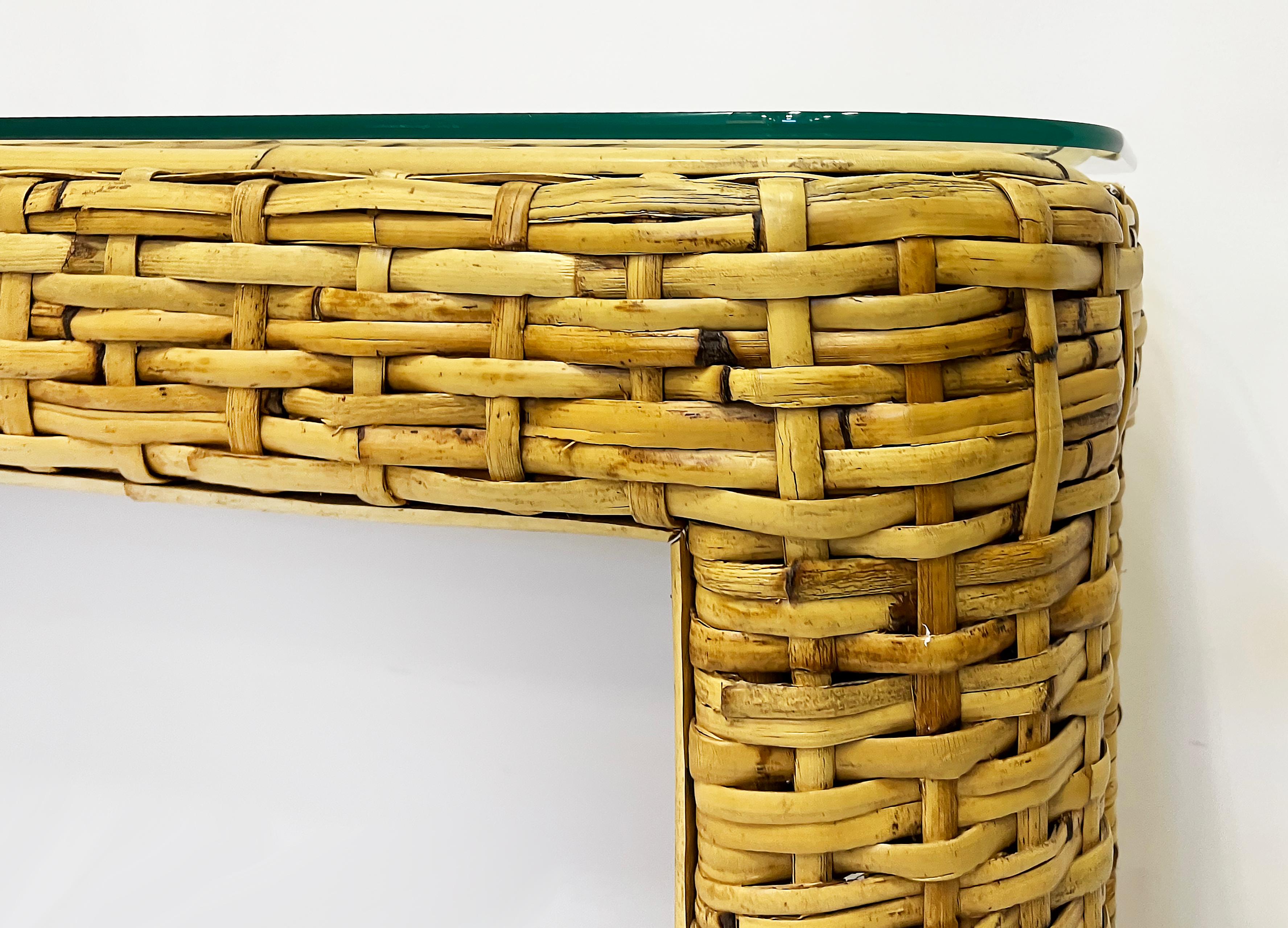 Vintage Woven Rattan Console Table, Glass Top, Ralph Lauren Style In Good Condition For Sale In Miami, FL