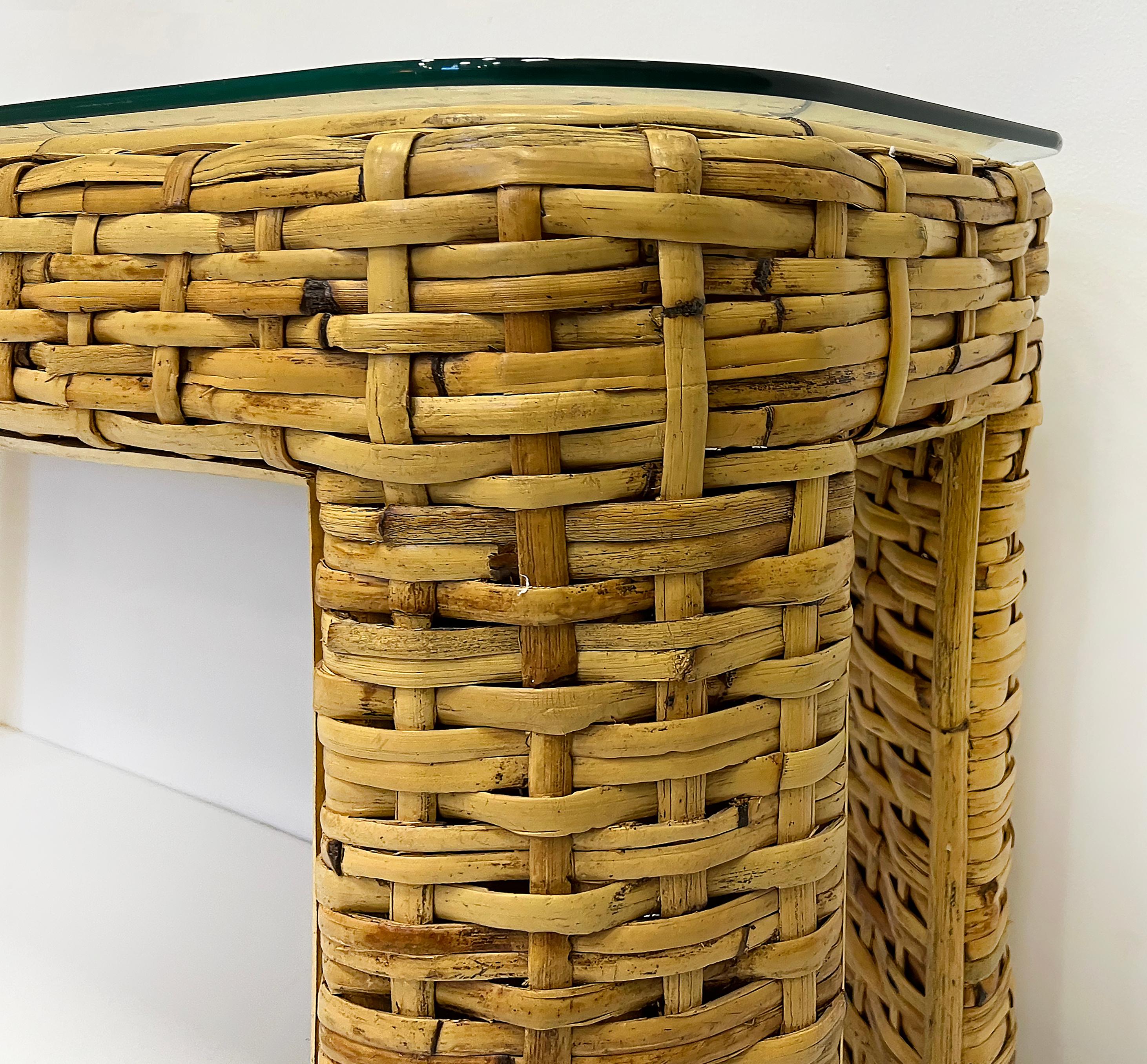 20th Century Vintage Woven Rattan Console Table, Glass Top, Ralph Lauren Style For Sale