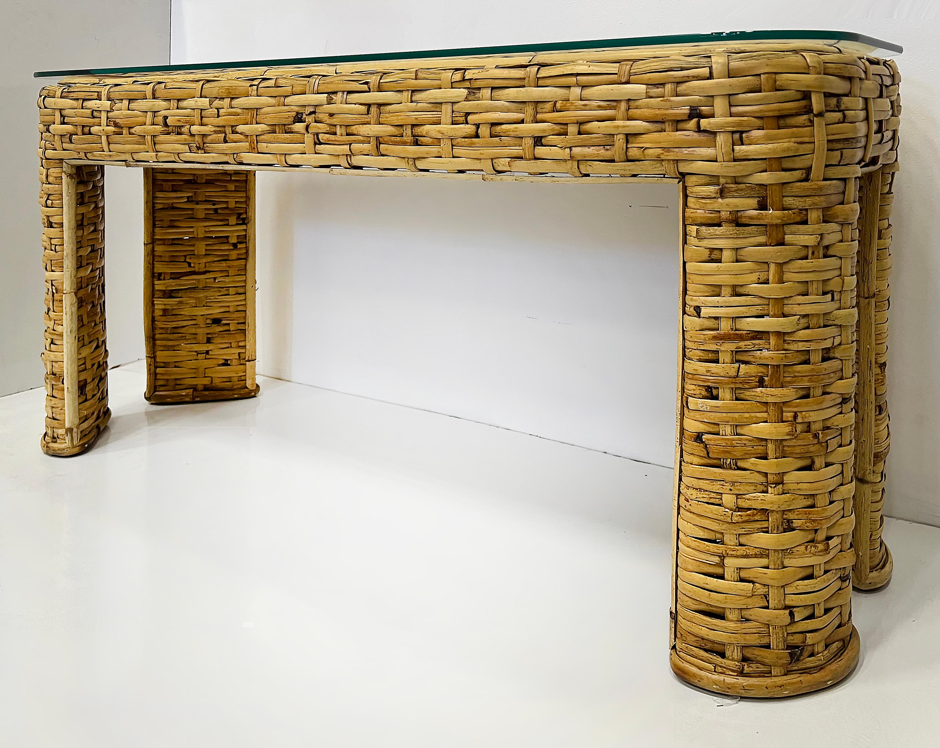 Vintage Woven Rattan Console Table, Glass Top, Ralph Lauren Style For Sale 1