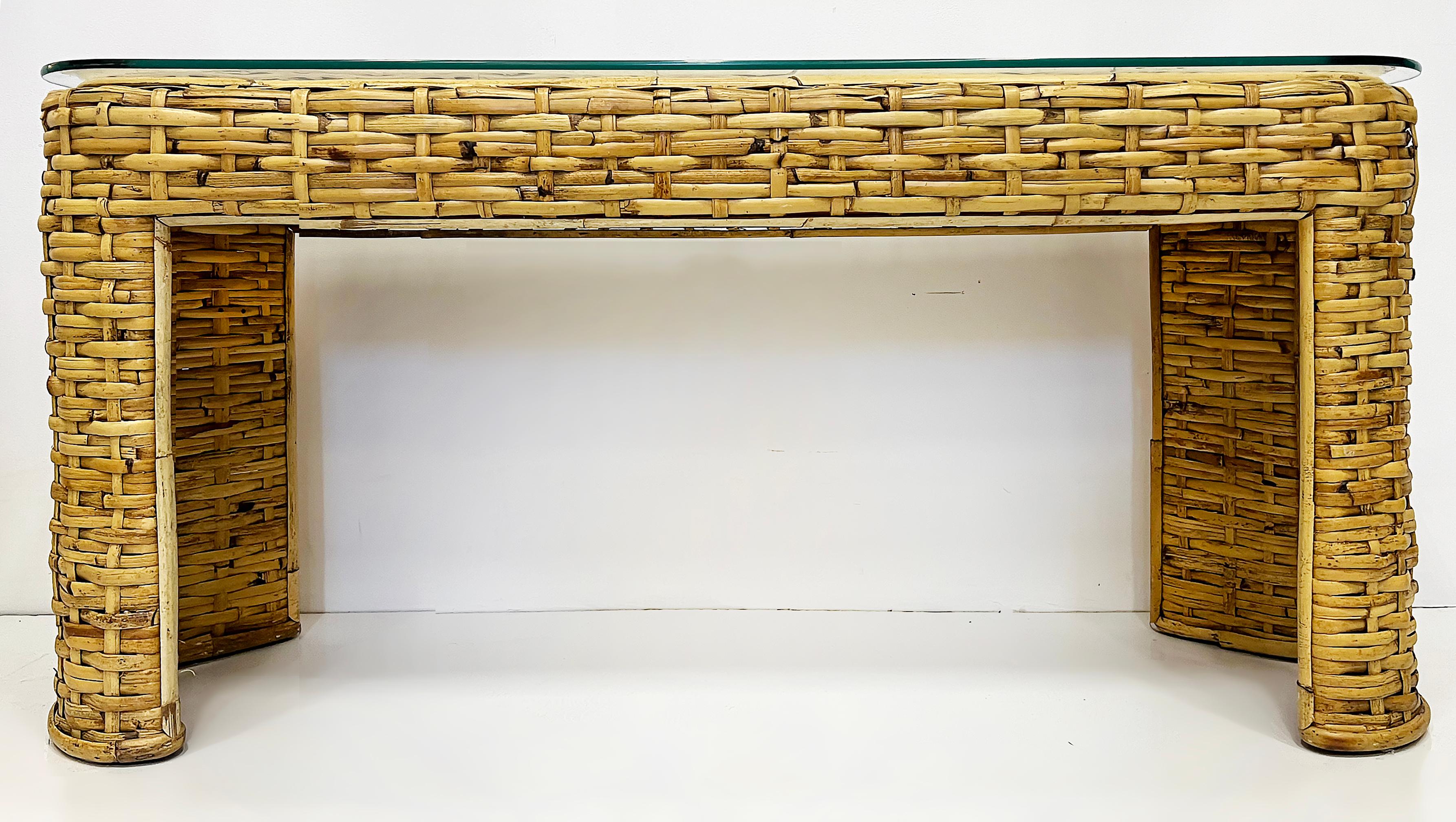 Vintage Woven Rattan Console Table, Glass Top, Ralph Lauren Style For Sale 2