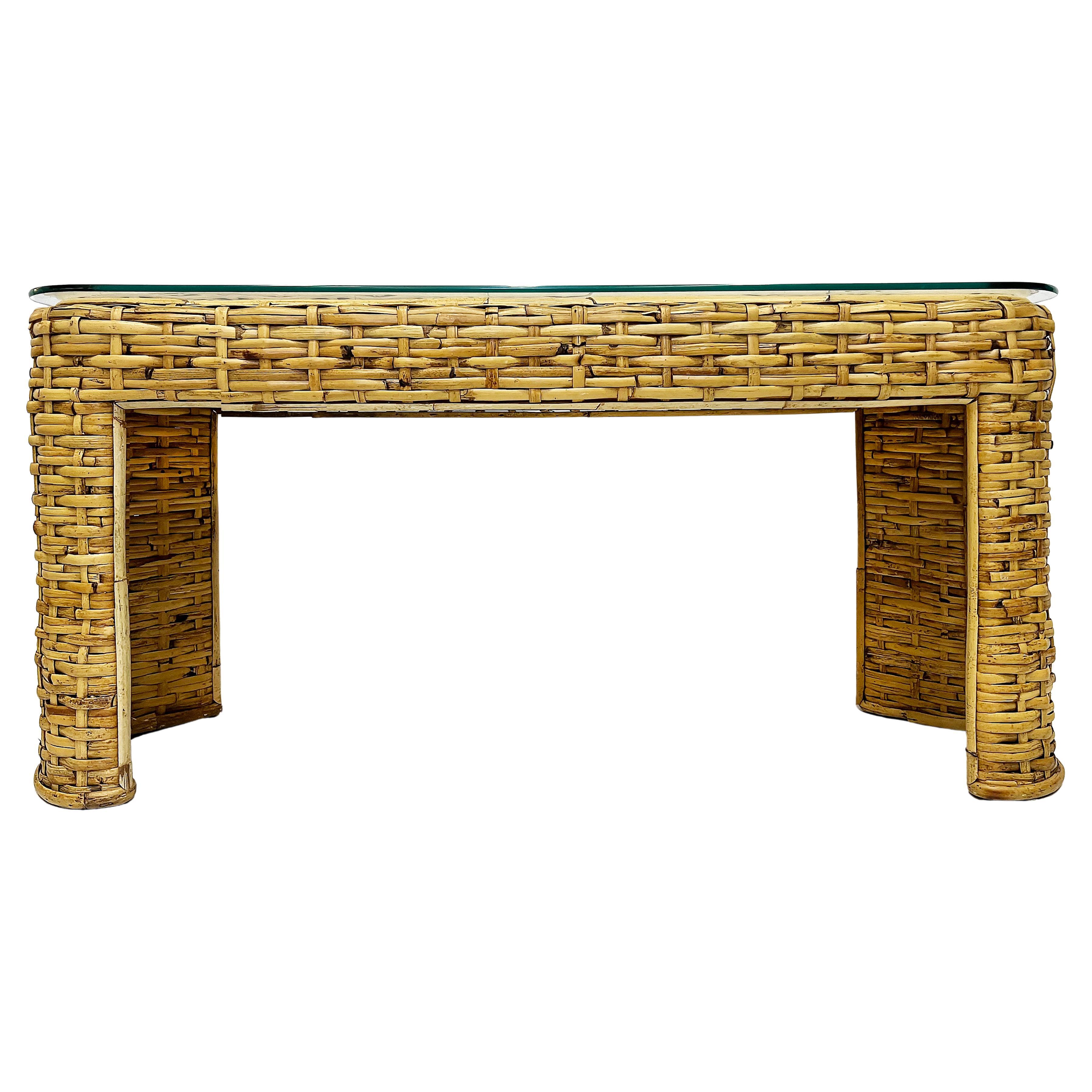 Vintage Woven Rattan Console Table, Glass Top, Ralph Lauren Style
