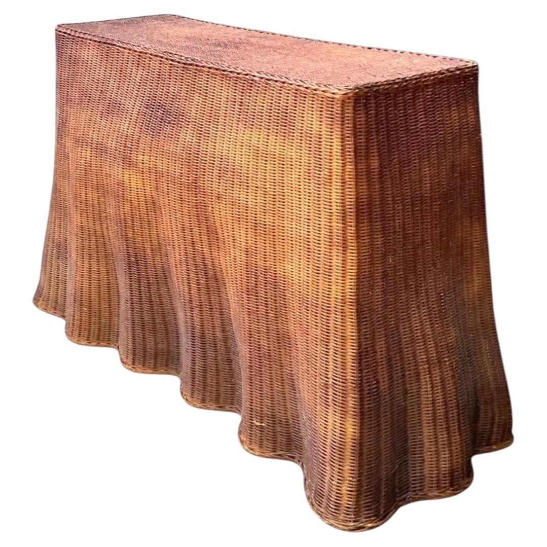 Vintage Woven Rattan Ghost Console Table