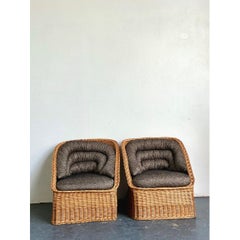 Vintage Woven Rattan Lounge Chairs - A Pair
