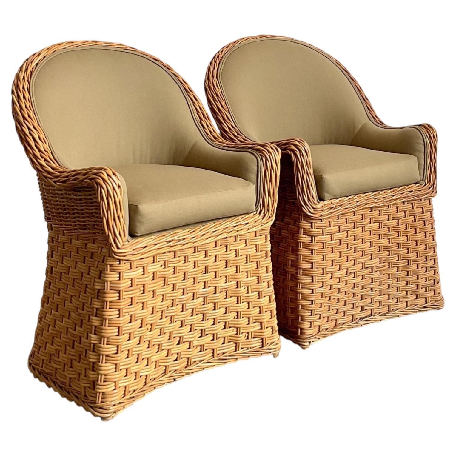 Vintage Woven Rattan Lounge Chairs - A Pair