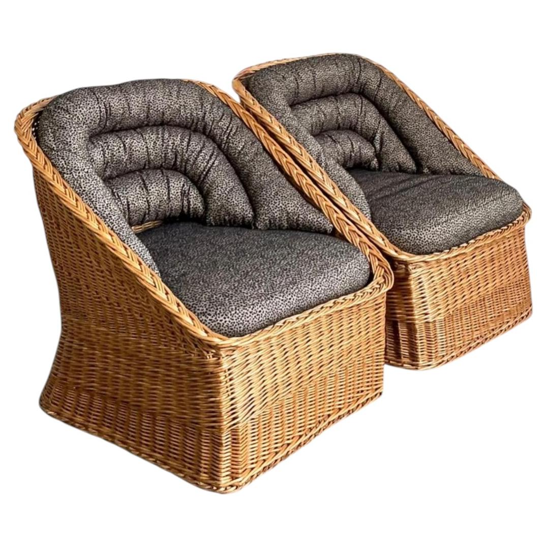 Vintage Woven Rattan Lounge Chairs - A Pair