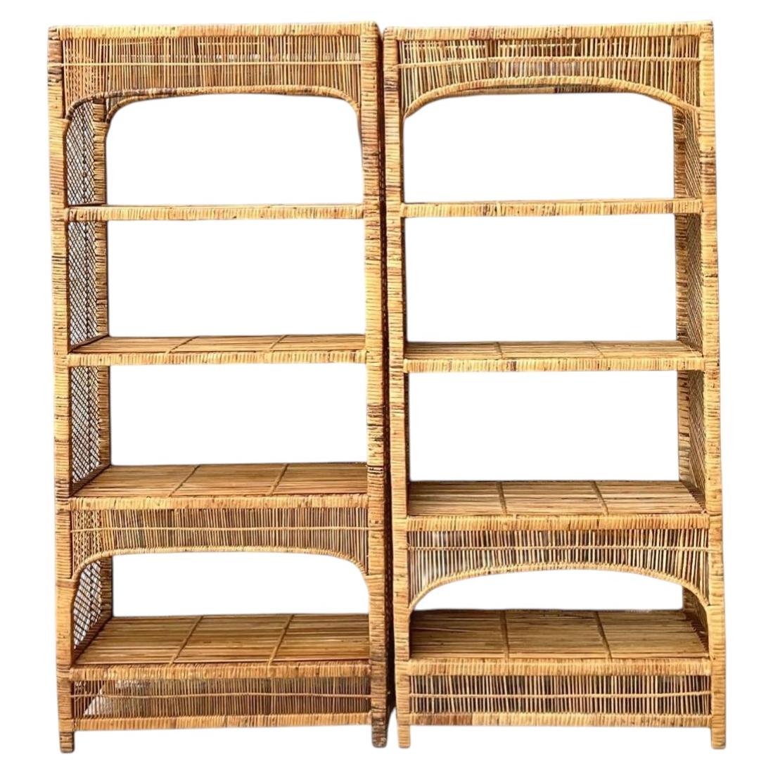 Vintage Woven Rattan Low Etagere - Set of 2