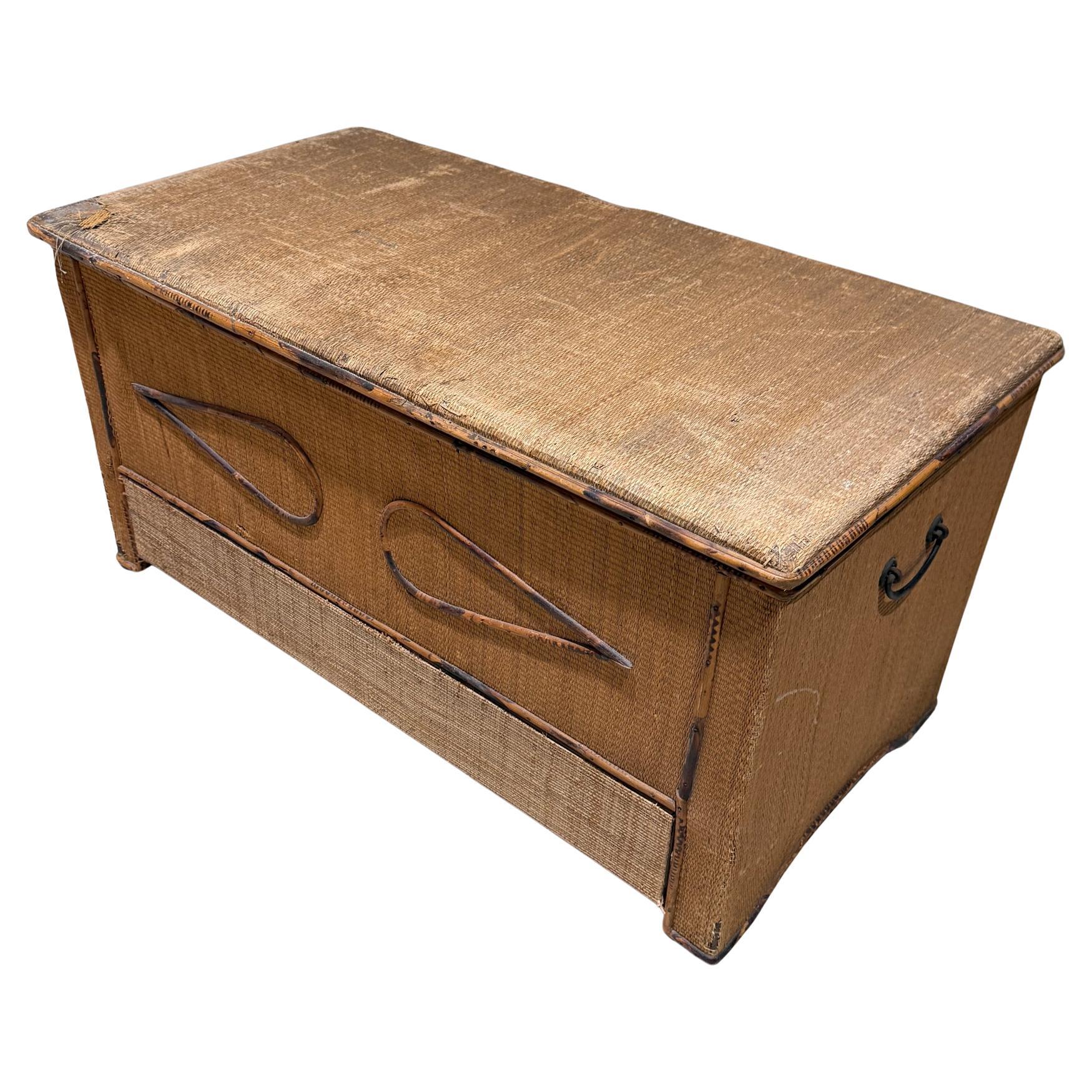 Vintage Woven Rattan or Wicker Storage Trunk Blanket Chest Mid Century