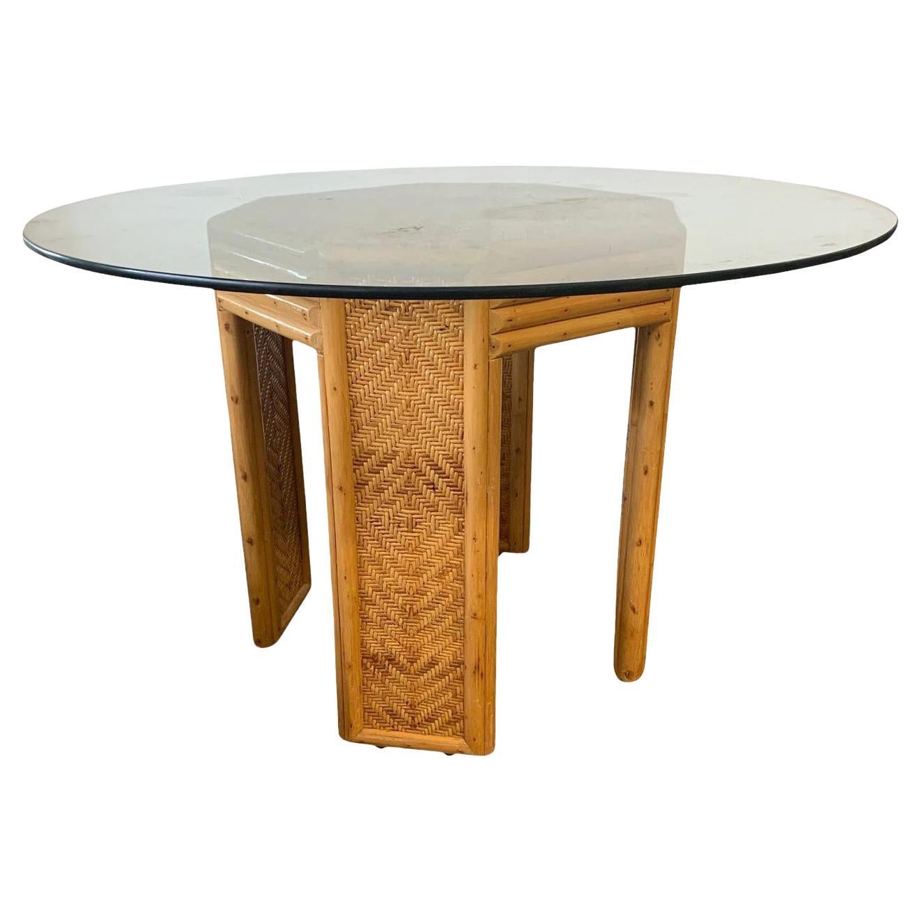Vintage Woven Rattan Pedestal Dining Table For Sale