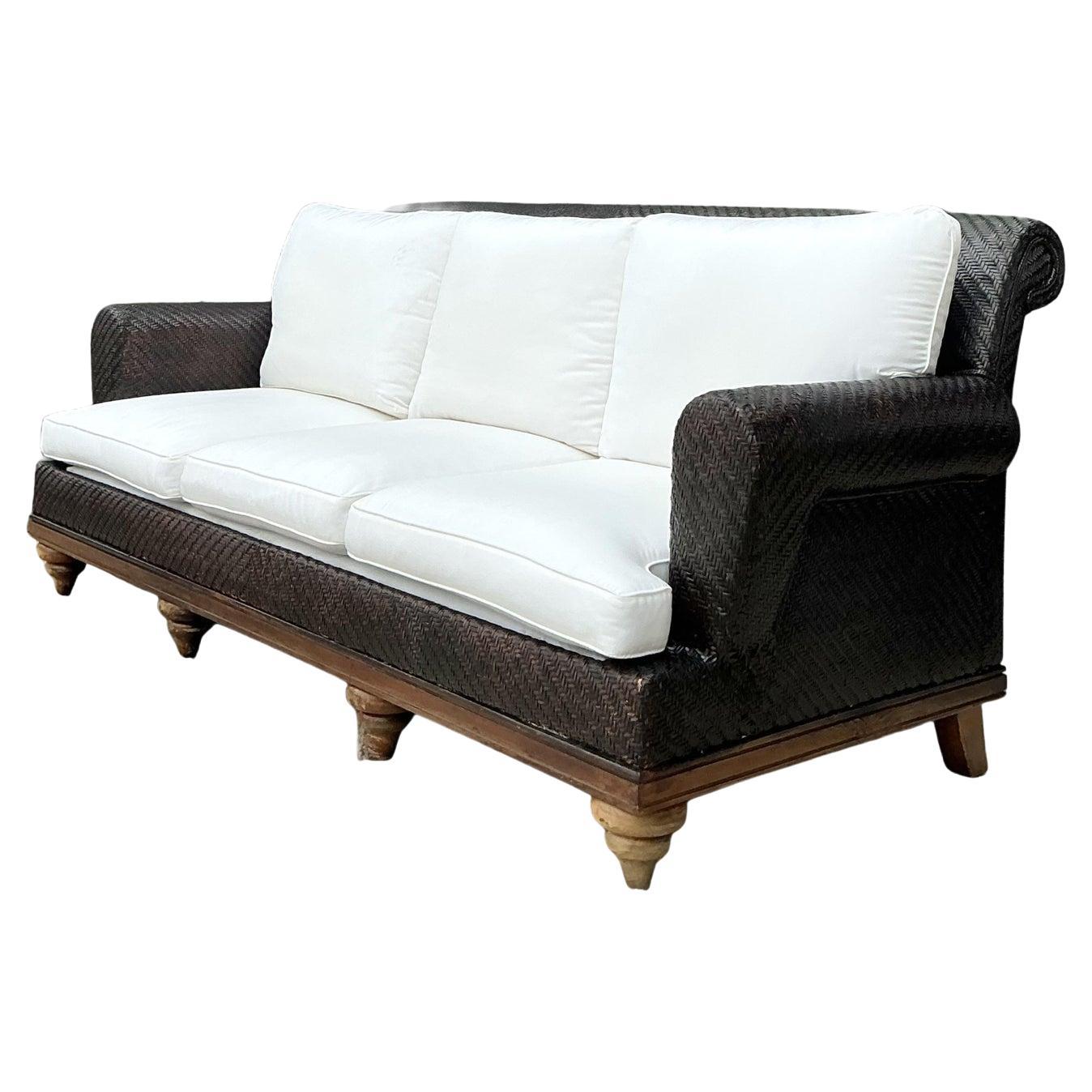 Vintage Woven Rattan Roll Arm Sofa For Sale