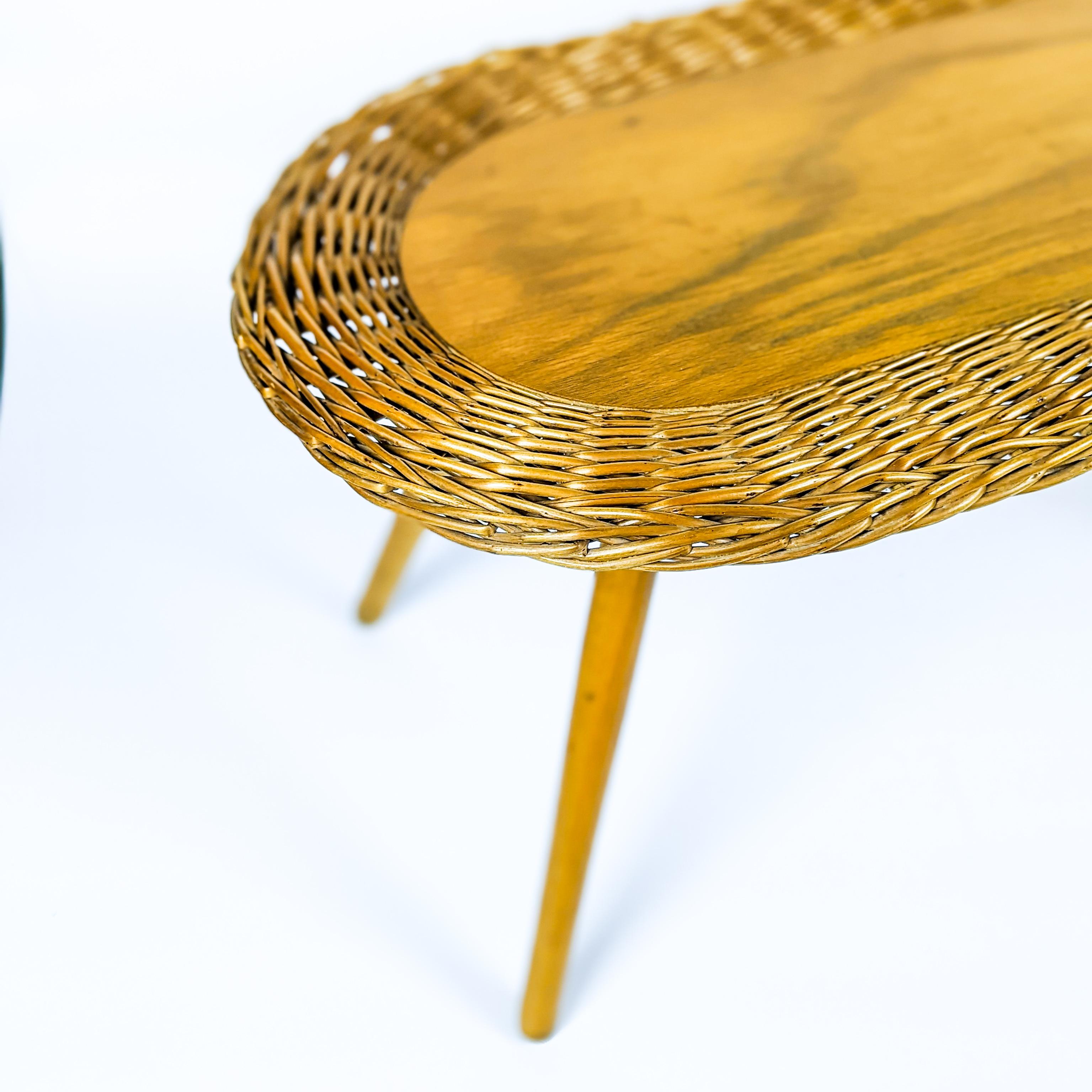 Mid-20th Century Vintage Woven Rattan Side Table by Jan Kalous for ÚLUV For Sale