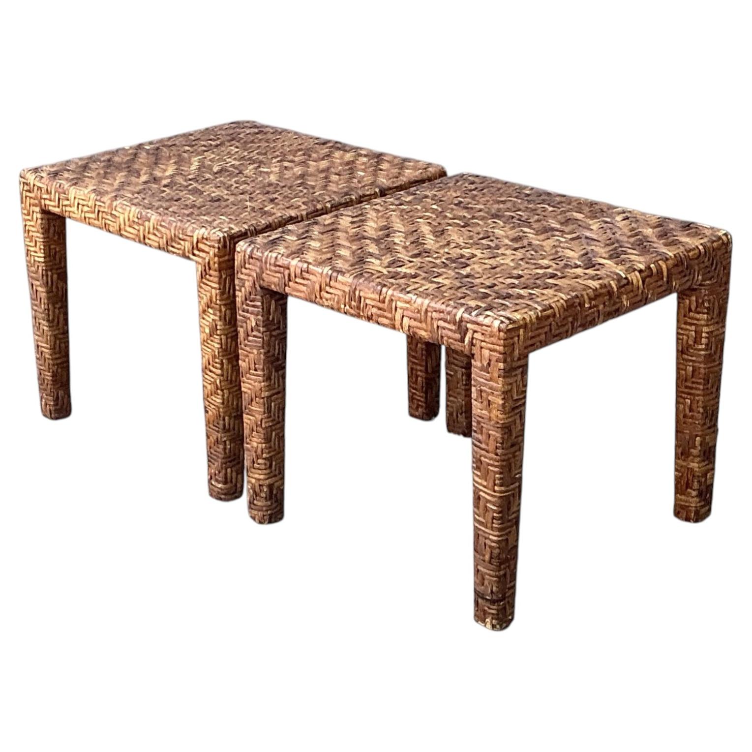 Vintage Woven Rattan Side Tables - A Pair For Sale