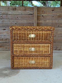 Vintage Woven Rattan Three-Drawer Chest With Braided Trim and Brass Hardware