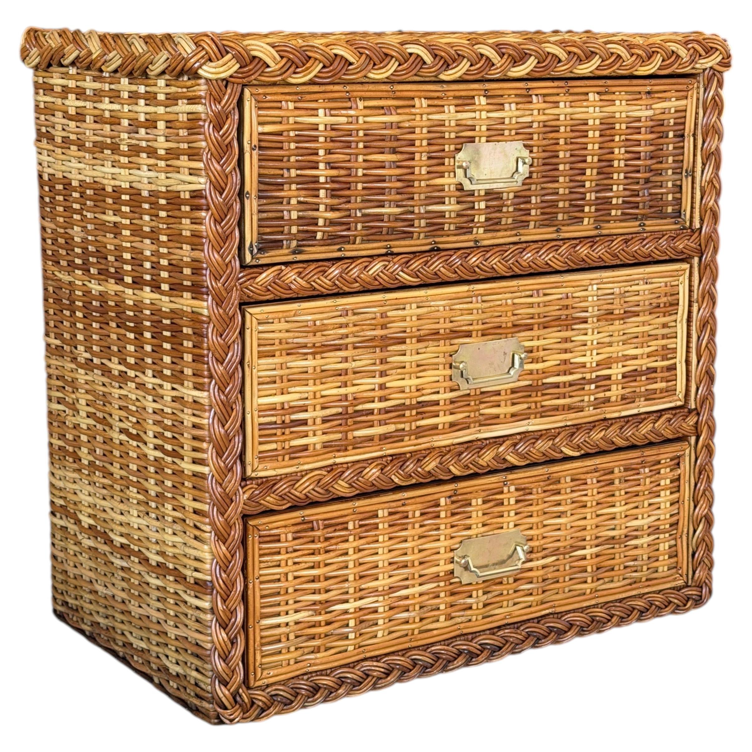 Vintage Woven Rattan Three-Drawer Chest With Braided Trim and Brass Hardware For Sale