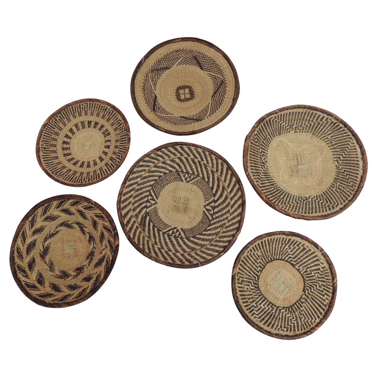 Vintage Woven Seagrass Ethnic Round African Flat Baskets