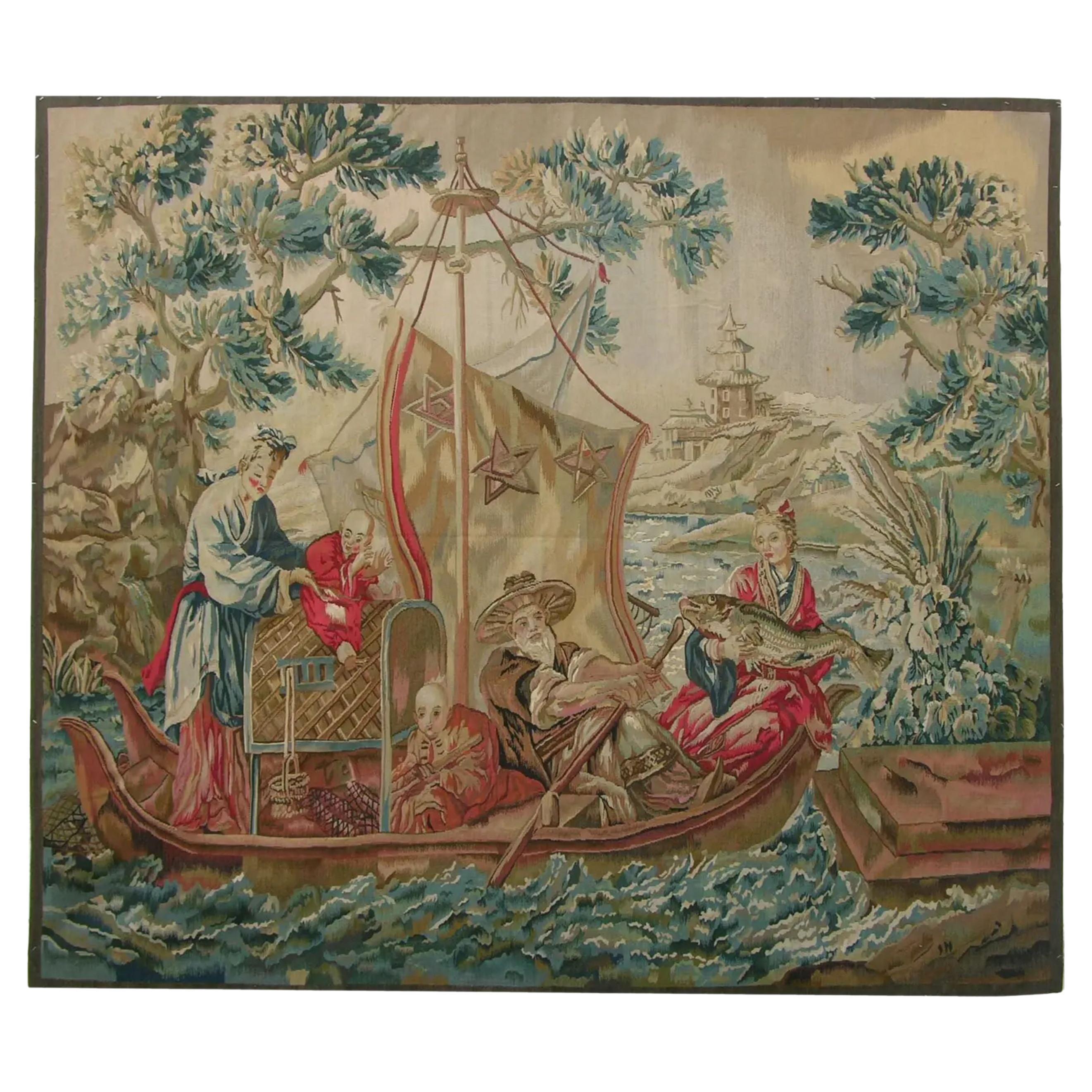 Vintage Woven Ship Tapestry 7.7X6.5 For Sale